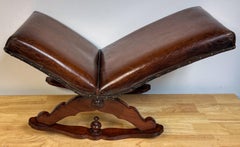 19th Century English Leather Hardwood Carved Rocking/ Gout Stool