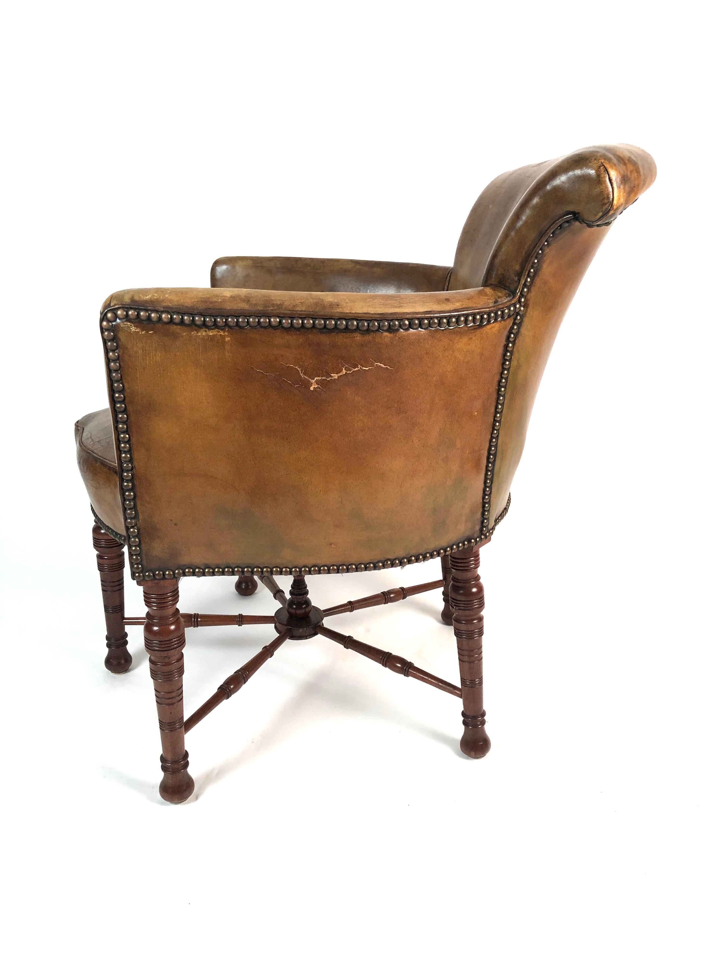 Turned 19th Century English Leather Library Chair