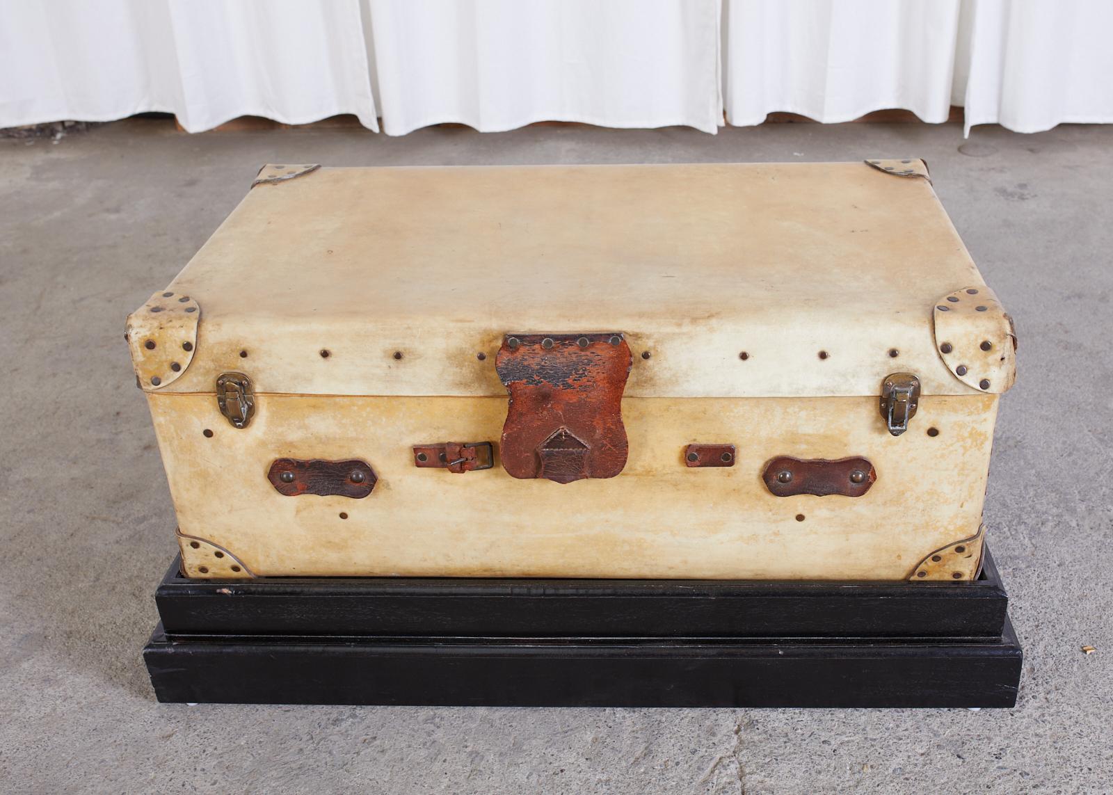 19th Century English Leather Luggage Trunk on Stand 2