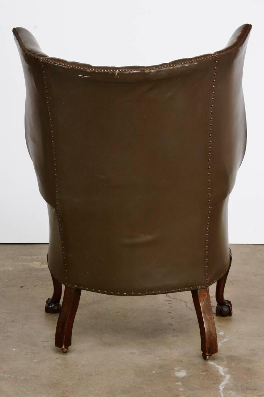19th Century English Leather Porters Barrel Back Wing Chair 5
