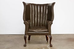 19th Century English Leather Porters Barrel Back Wing Chair