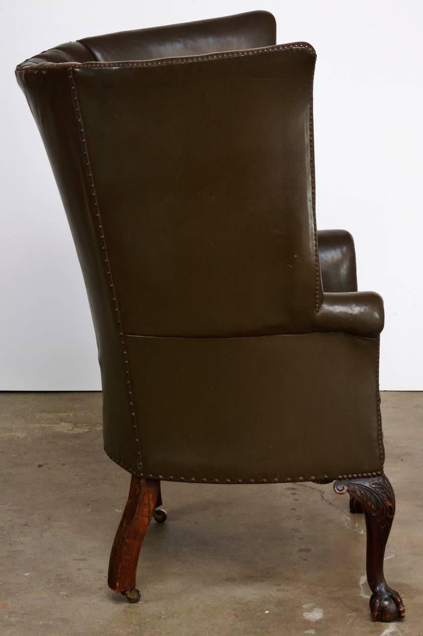 Chippendale 19th Century English Leather Porters Barrel Back Wing Chair