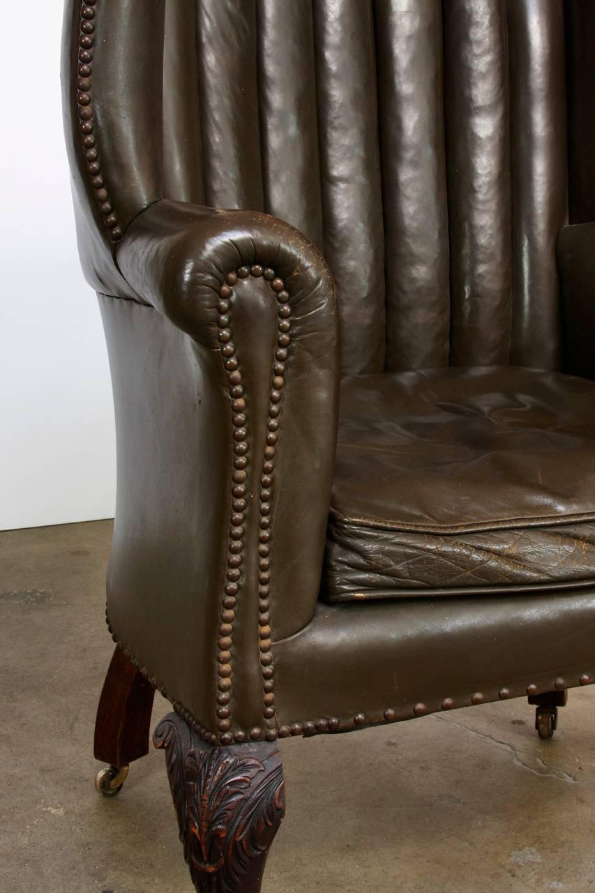 19th Century English Leather Porters Barrel Back Wing Chair In Distressed Condition In Rio Vista, CA
