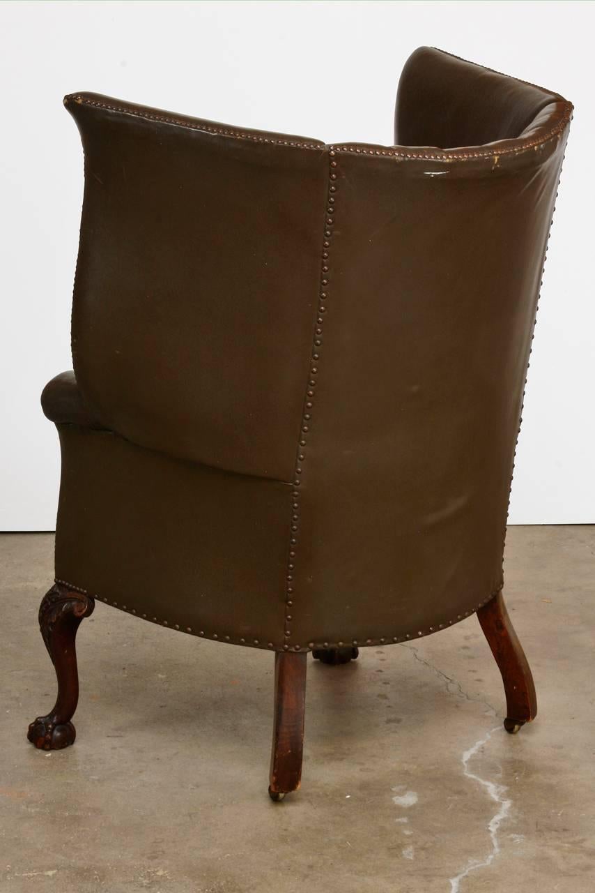 Brass 19th Century English Leather Porters Barrel Back Wing Chair