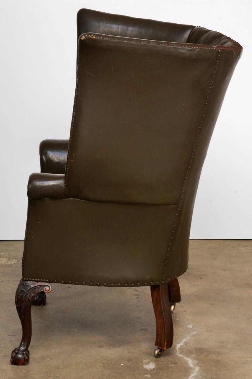 19th Century English Leather Porters Barrel Back Wing Chair 2
