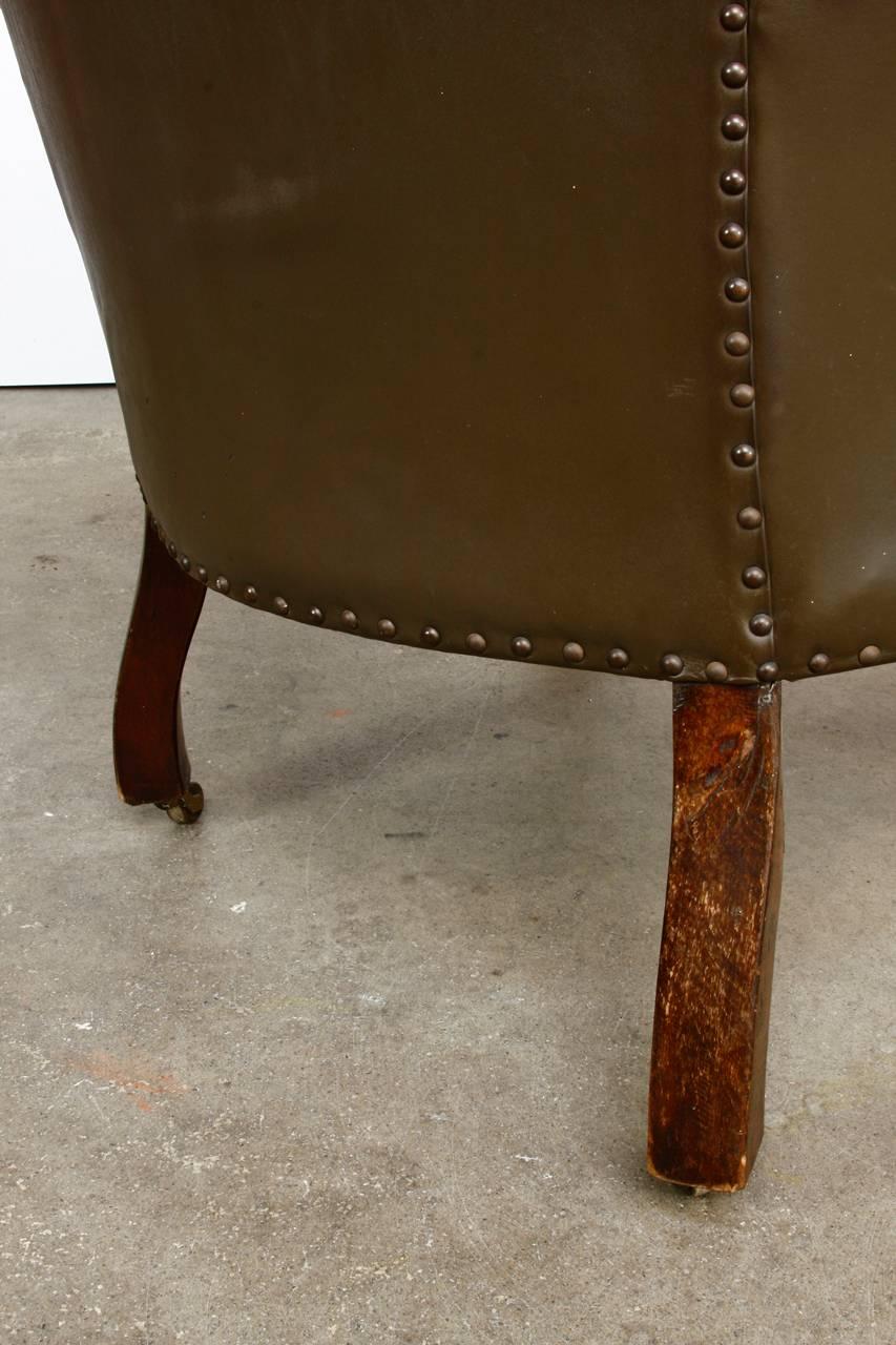 19th Century English Leather Porters Barrel Back Wing Chair 3
