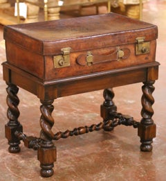 19th Century English Leather Suitcase on Walnut Stand Side Table