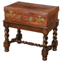 19th Century English Leather Suitcase on Walnut Stand Side Table