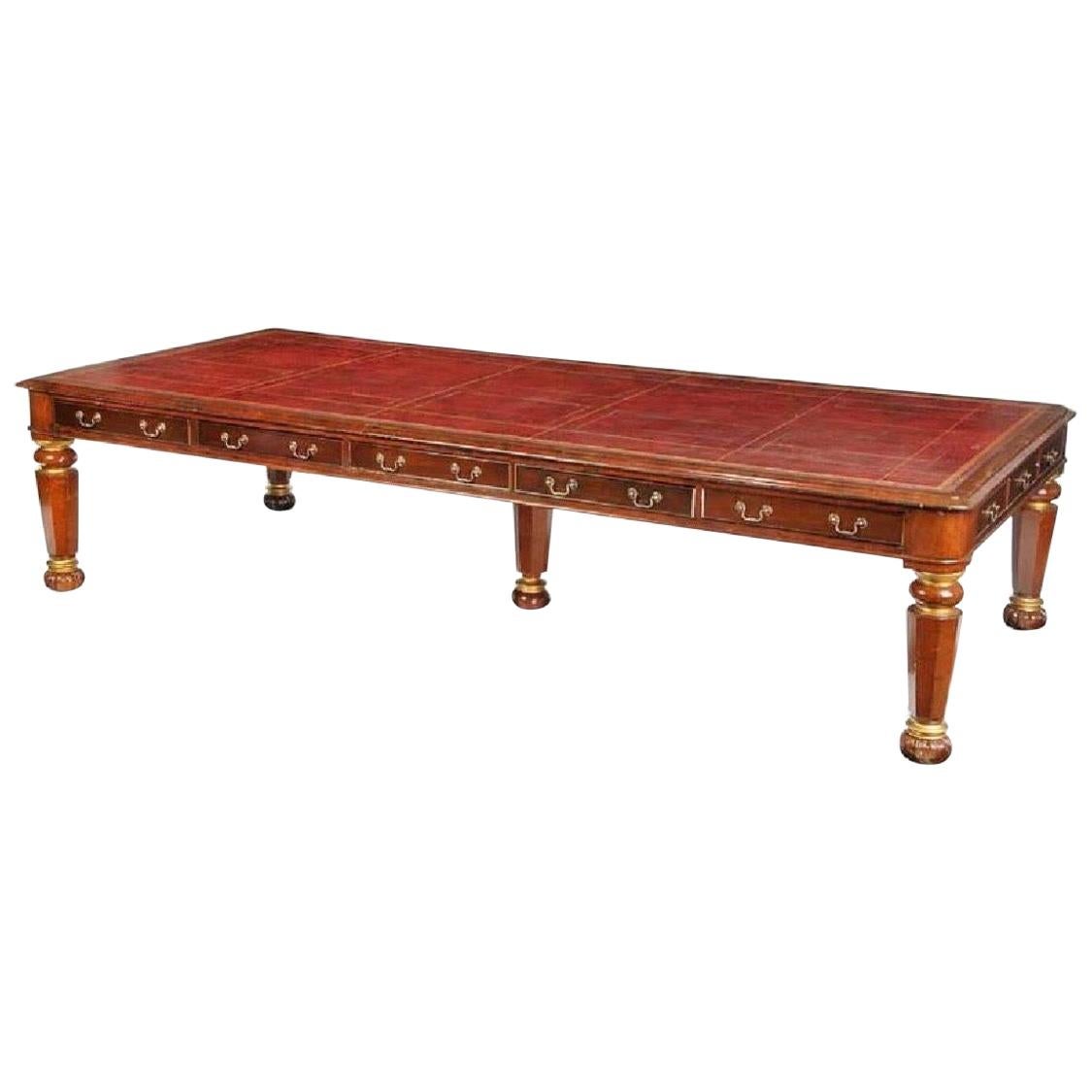 19th Century English Leather Top Mahogany Executive Conference Table For Sale