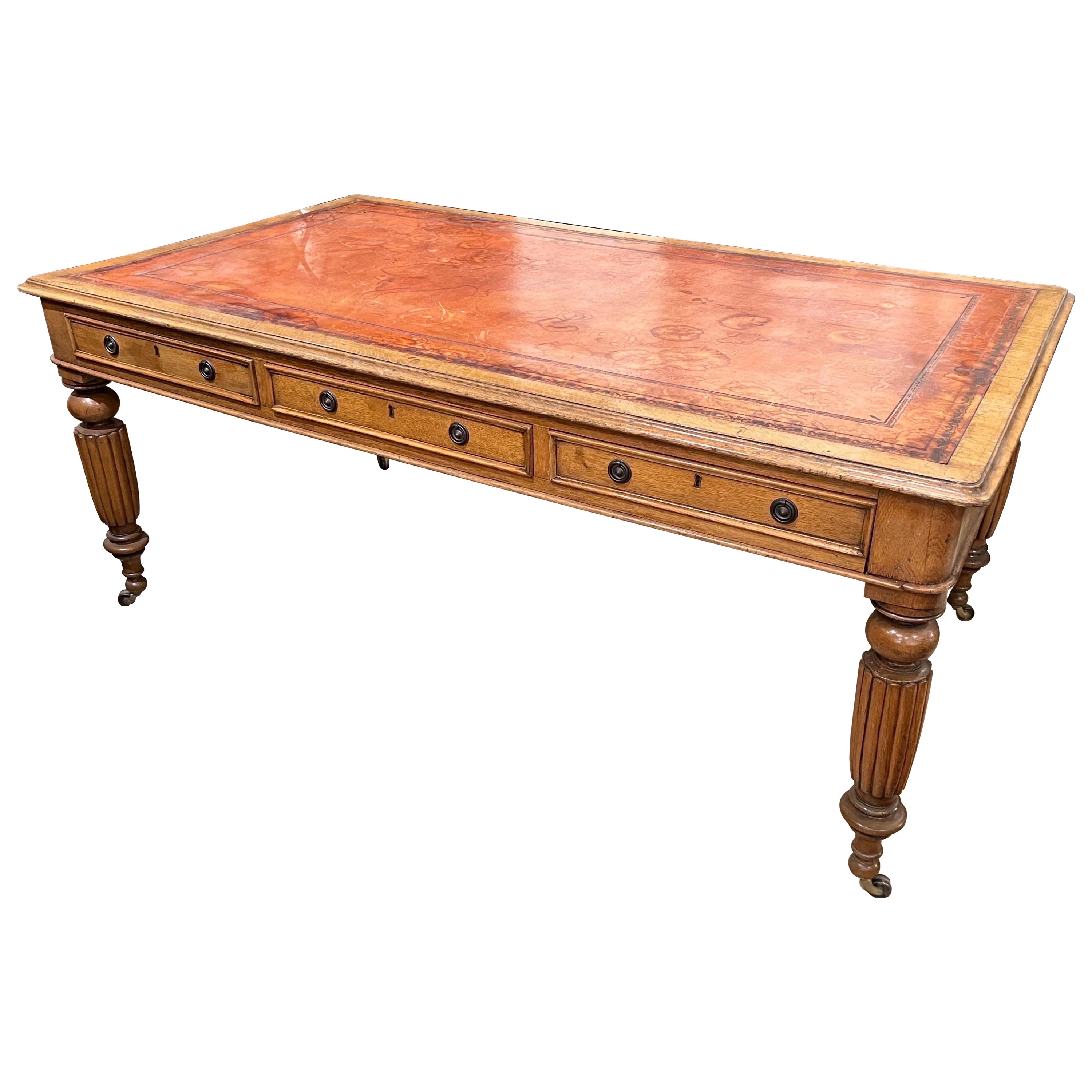 19th Century English Leather Top Oak Writing Desk