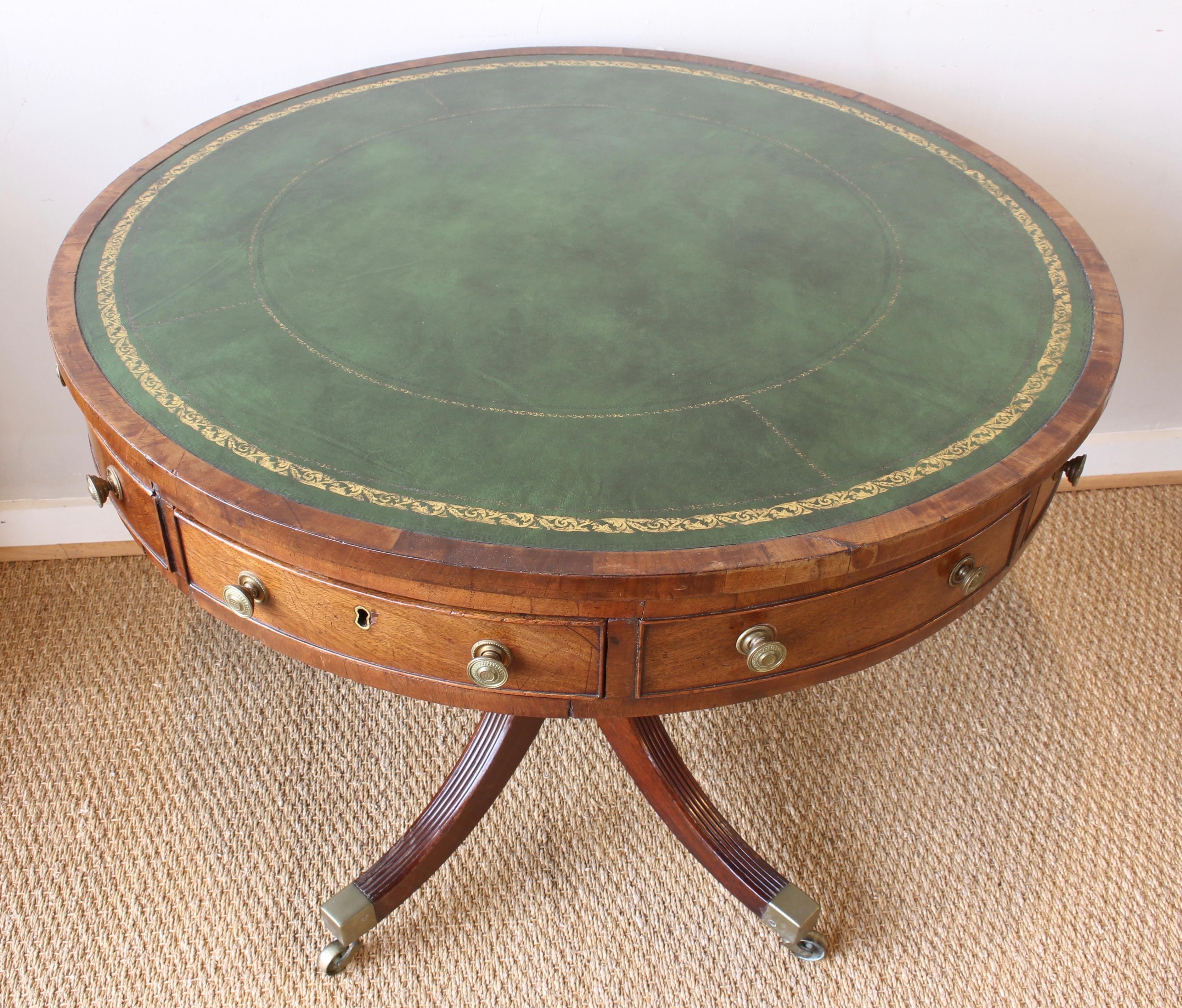 19th Century English Leather Topped Drum Table 1