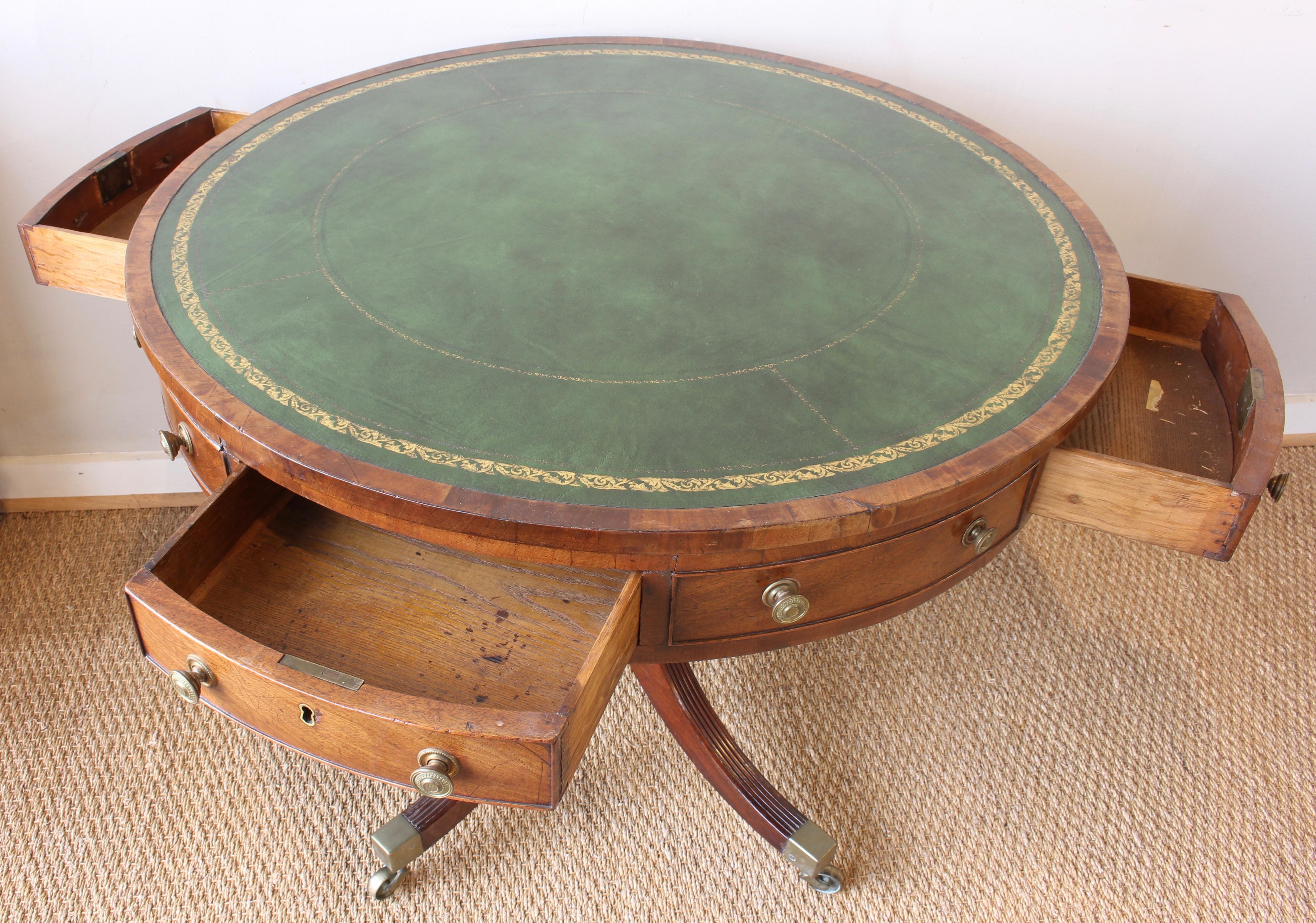 19th Century English Leather Topped Drum Table 2