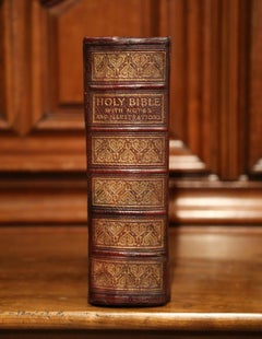 19th Century English Leatherbound and Brass Locks Holy Bible with Illustrations