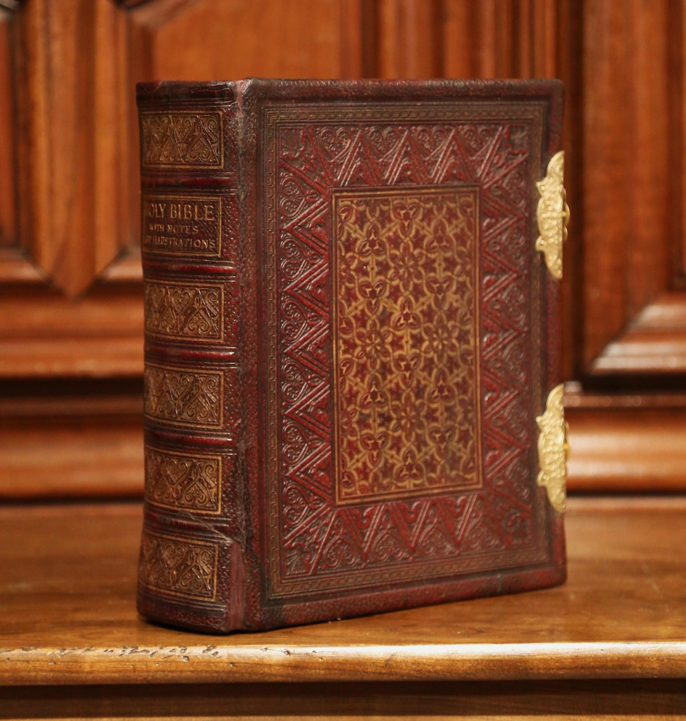 Patinated 19th Century English Leatherbound and Brass Locks Holy Bible with Illustrations