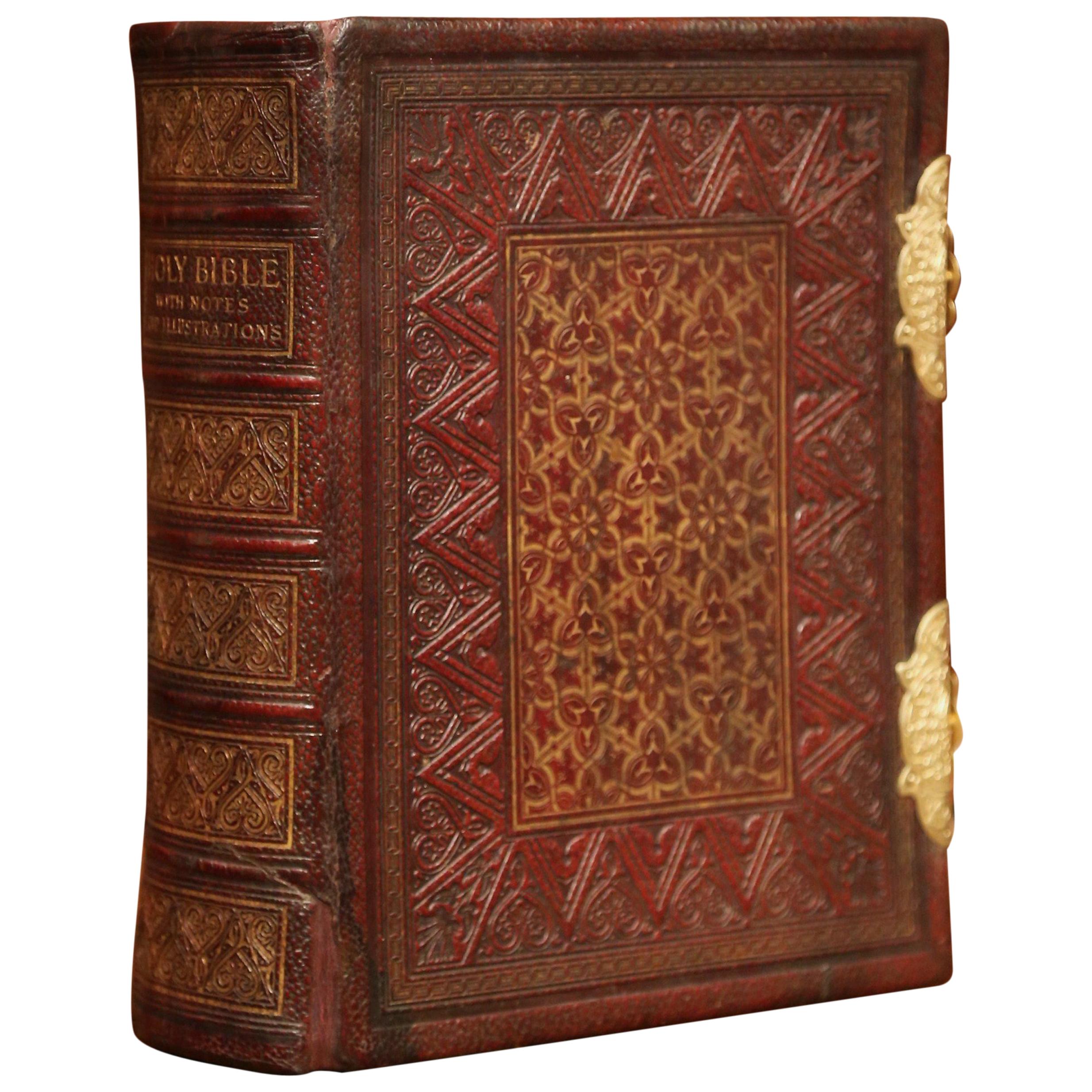 19th Century English Leatherbound and Brass Locks Holy Bible with Illustrations