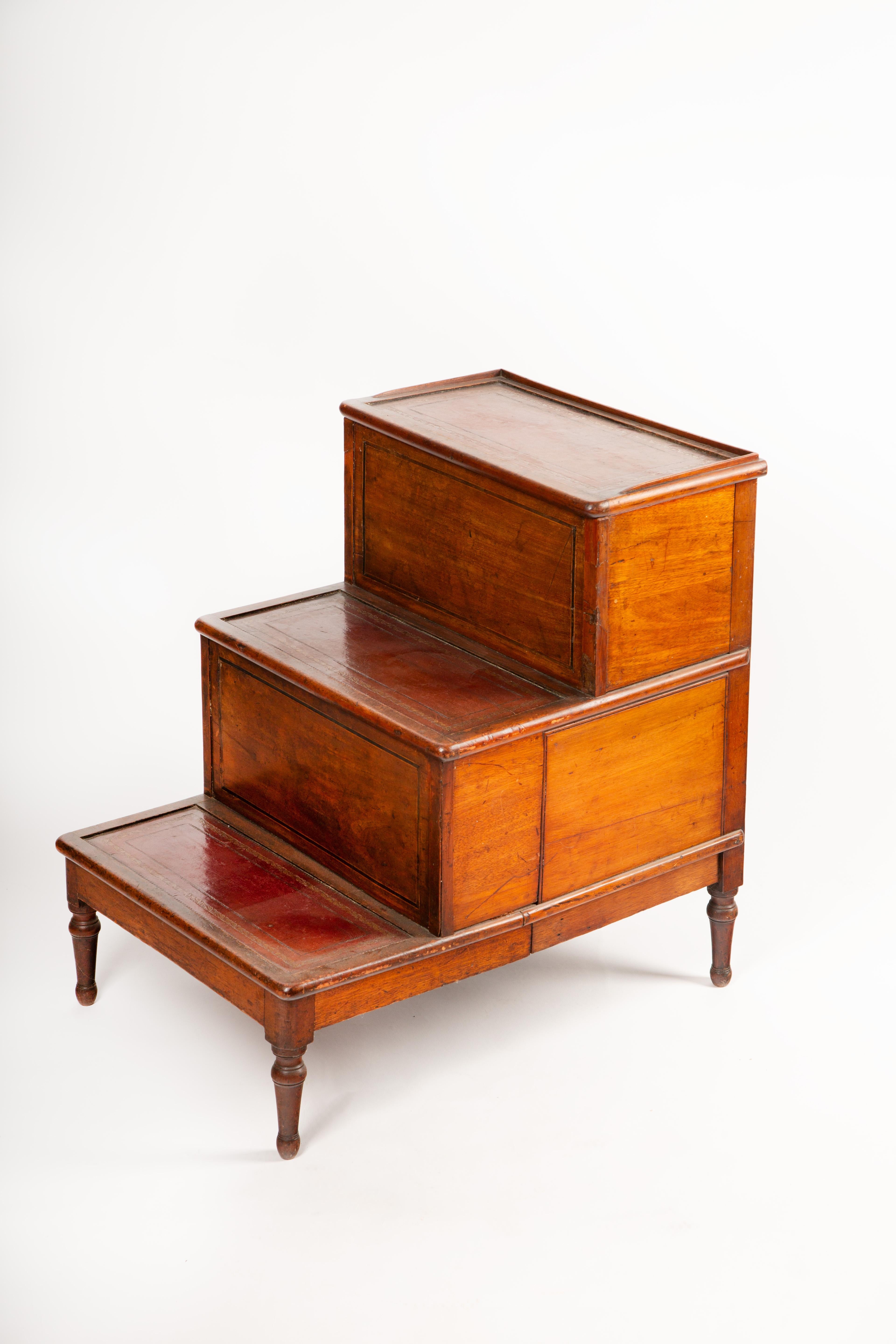 19th Century 19th-Century English Library Steps with Tooled Leather and Hidden Storage