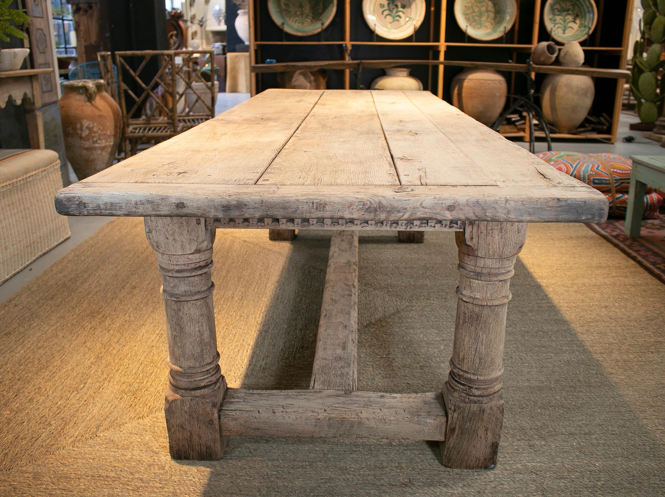 19th Century English Lime Washed Wood Rustic Dinning Table with Crossbeam Legs 1