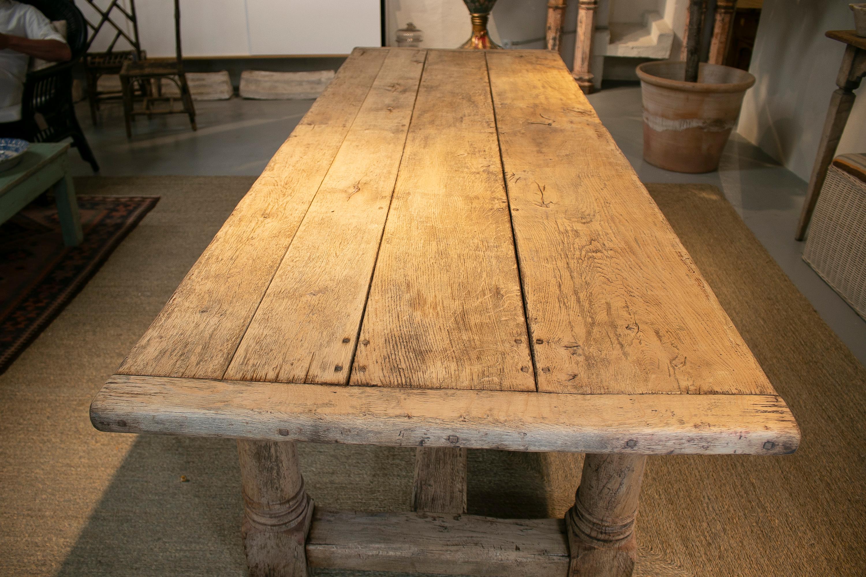 19th Century English Lime Washed Wood Rustic Dinning Table with Crossbeam Legs 2