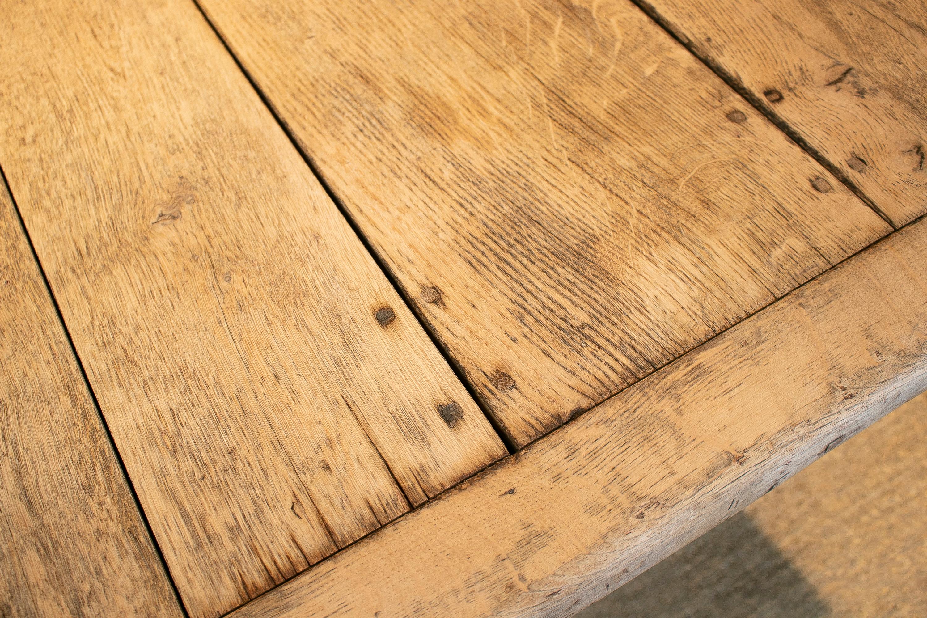 19th Century English Lime Washed Wood Rustic Dinning Table with Crossbeam Legs 5