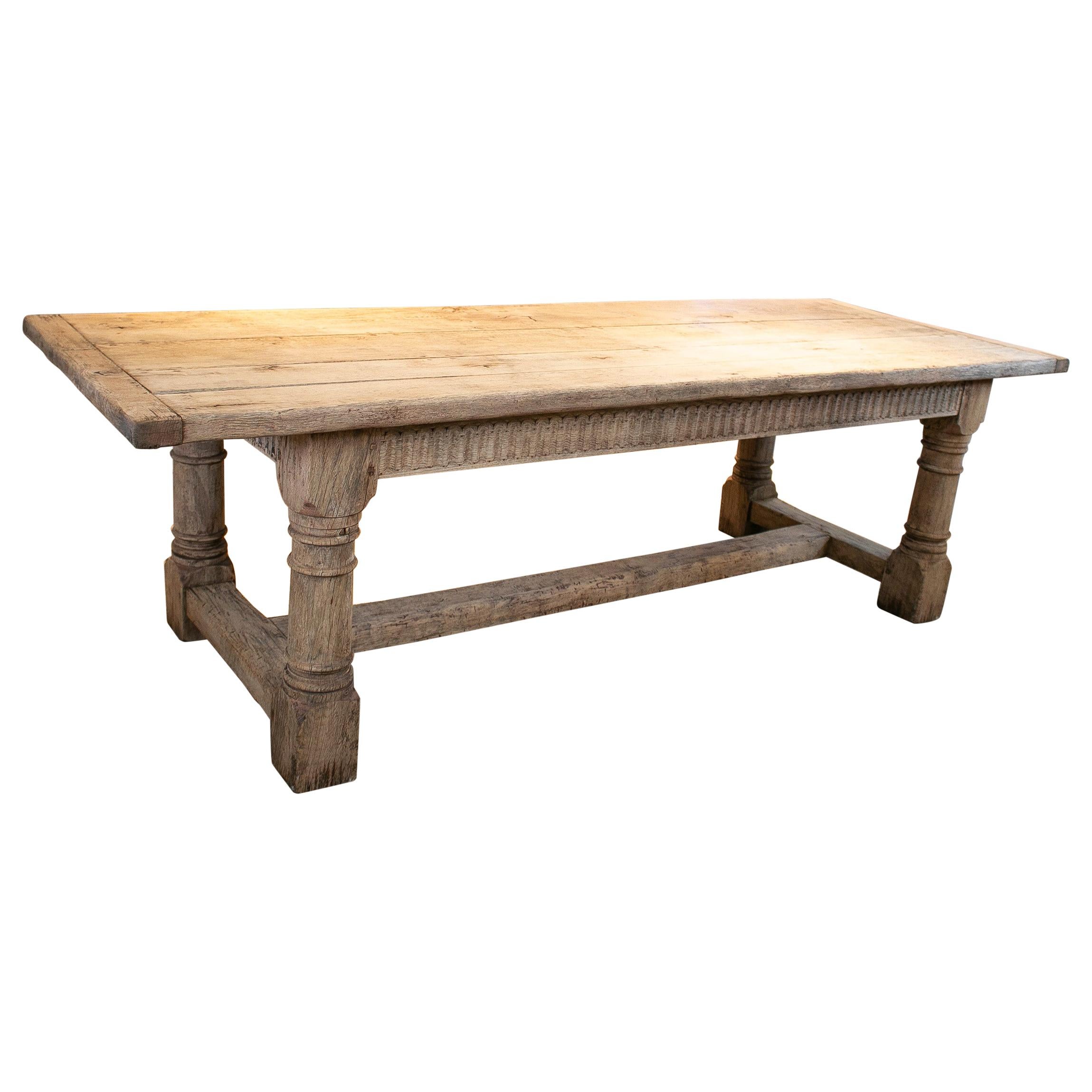 19th Century English Lime Washed Wood Rustic Dinning Table with Crossbeam Legs