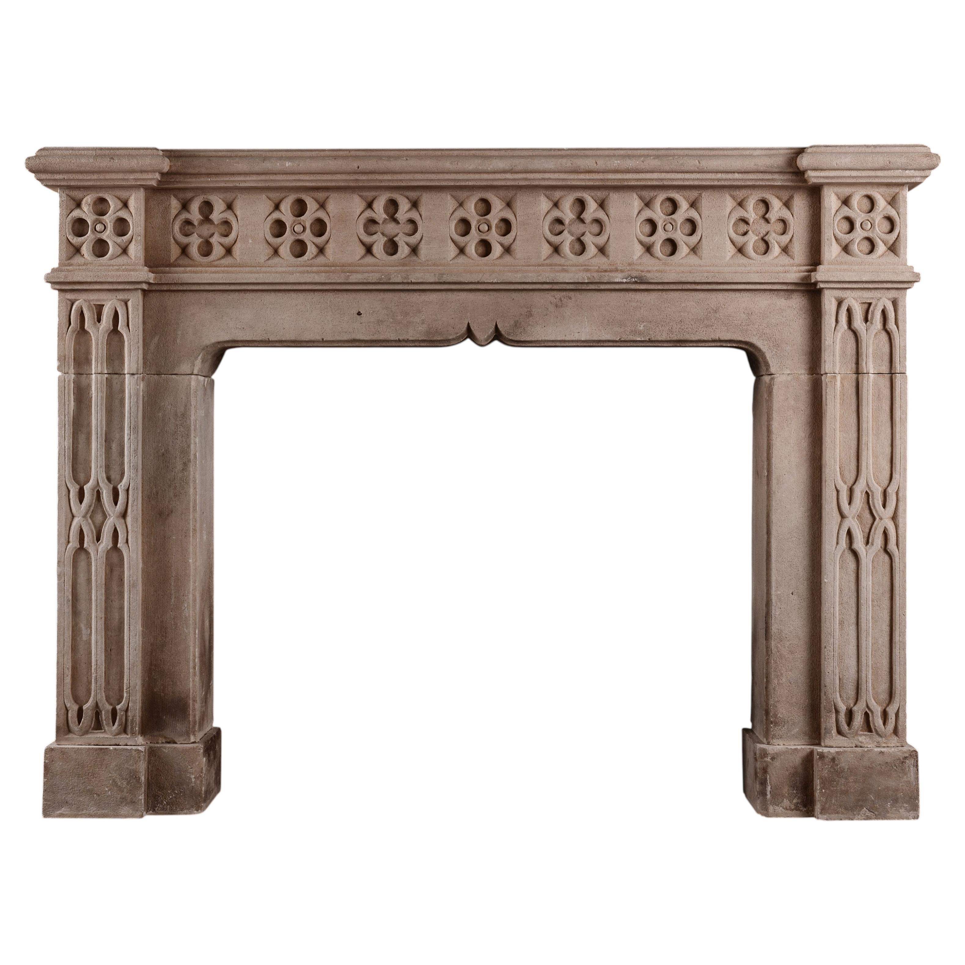 19th Century English Limestone Fireplace in Gothic Revival Style