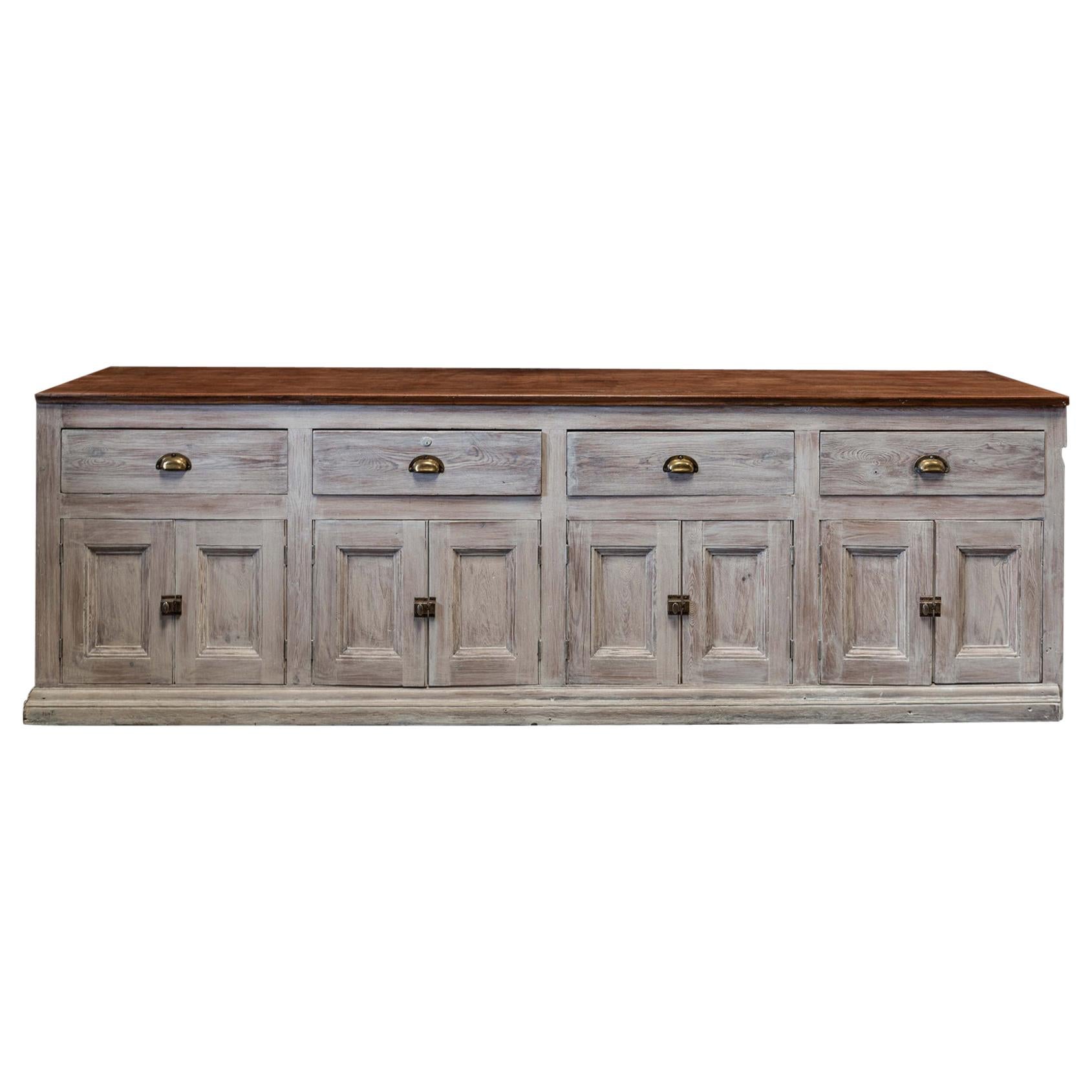 19th Century English Limewashed Pine Counter / Dresser Base / Sideboard