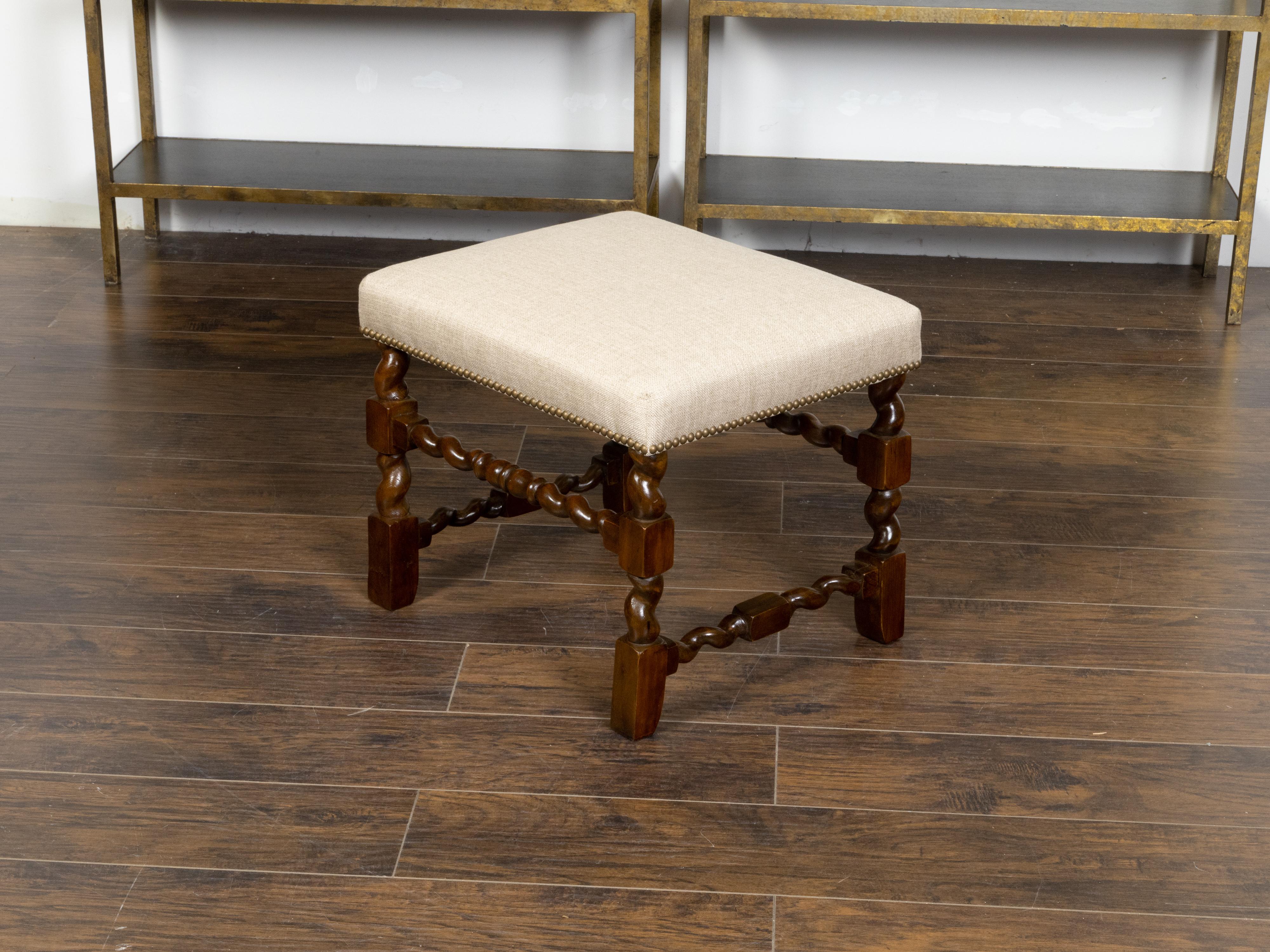 Turned 19th Century English Linen Upholstered Barley Twist Oak Stool Nailhead Trim For Sale