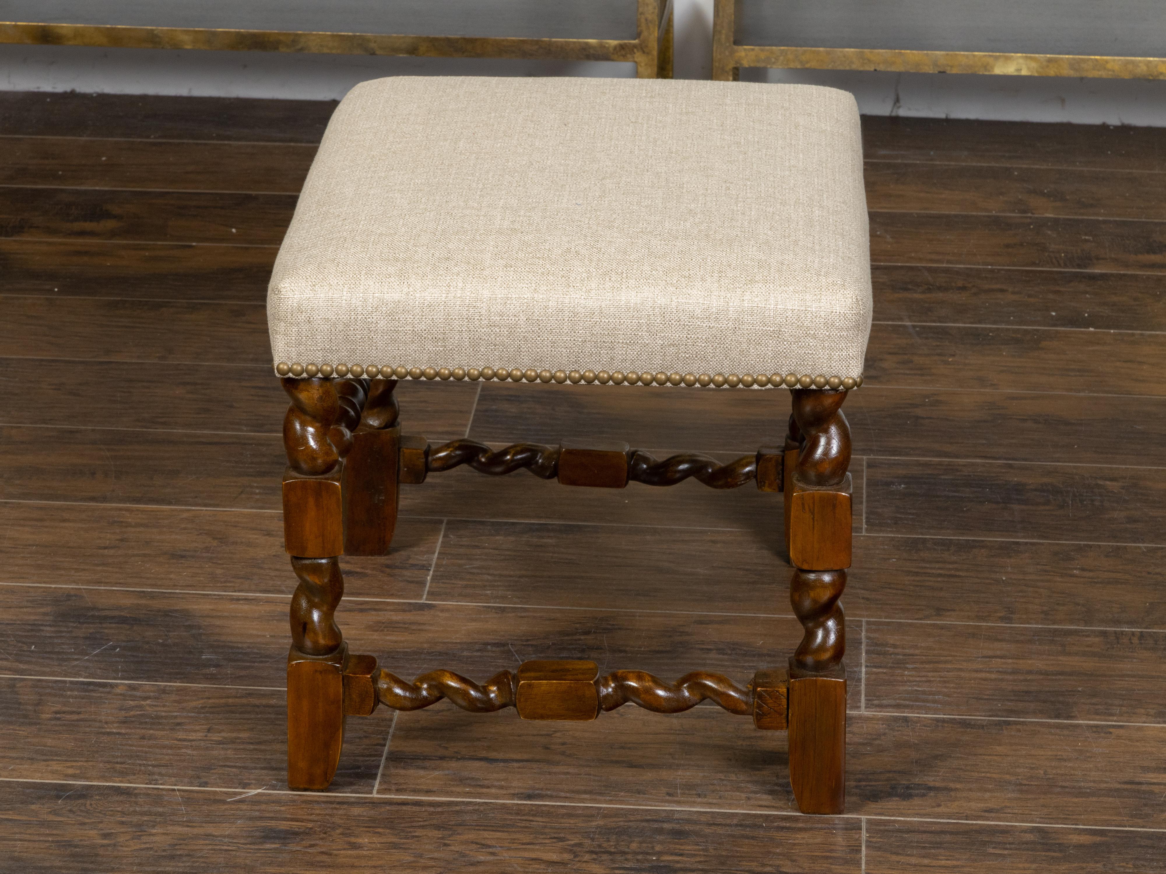 19th Century English Linen Upholstered Barley Twist Oak Stool Nailhead Trim In Good Condition For Sale In Atlanta, GA