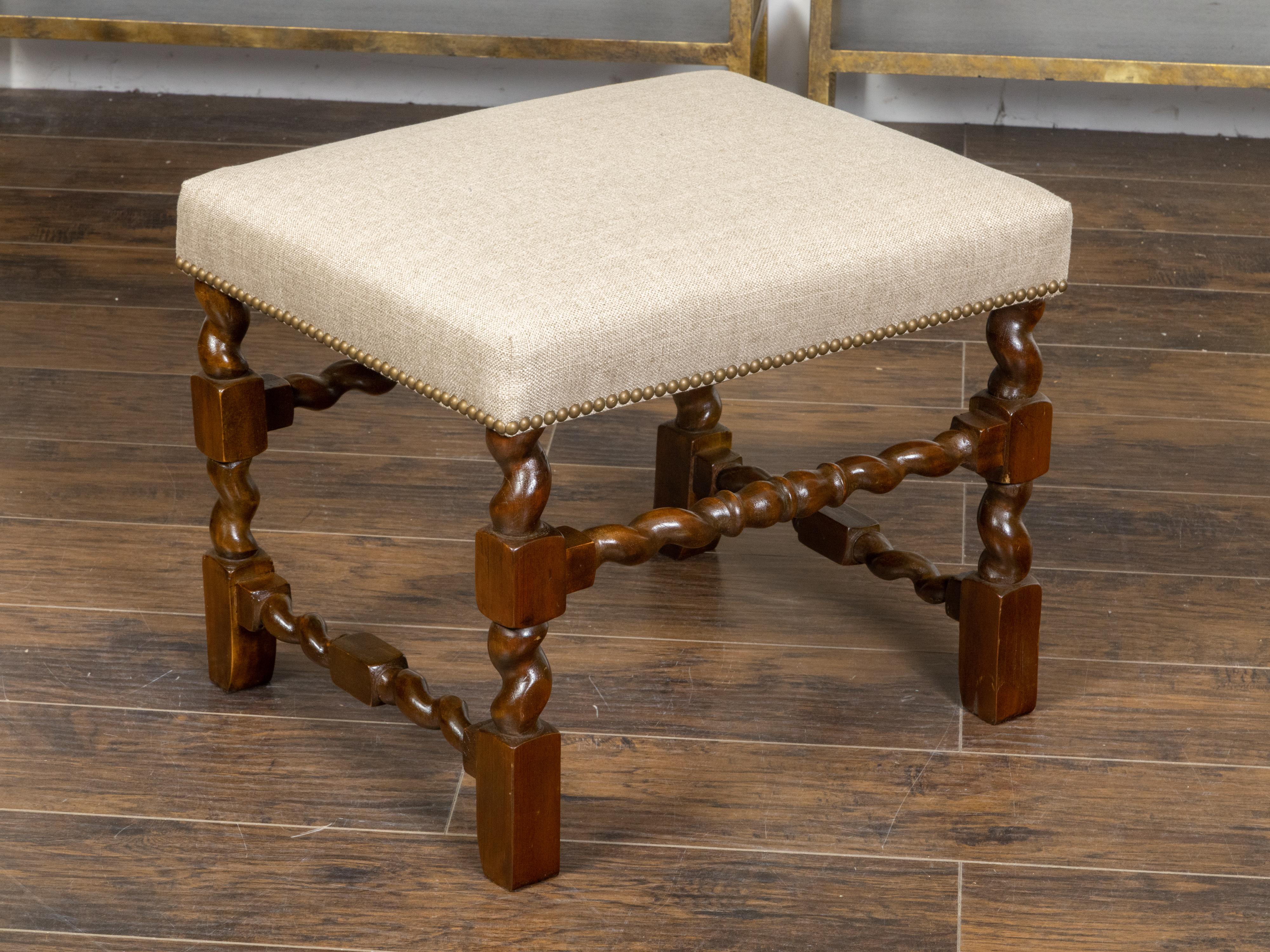 Brass 19th Century English Linen Upholstered Barley Twist Oak Stool Nailhead Trim For Sale