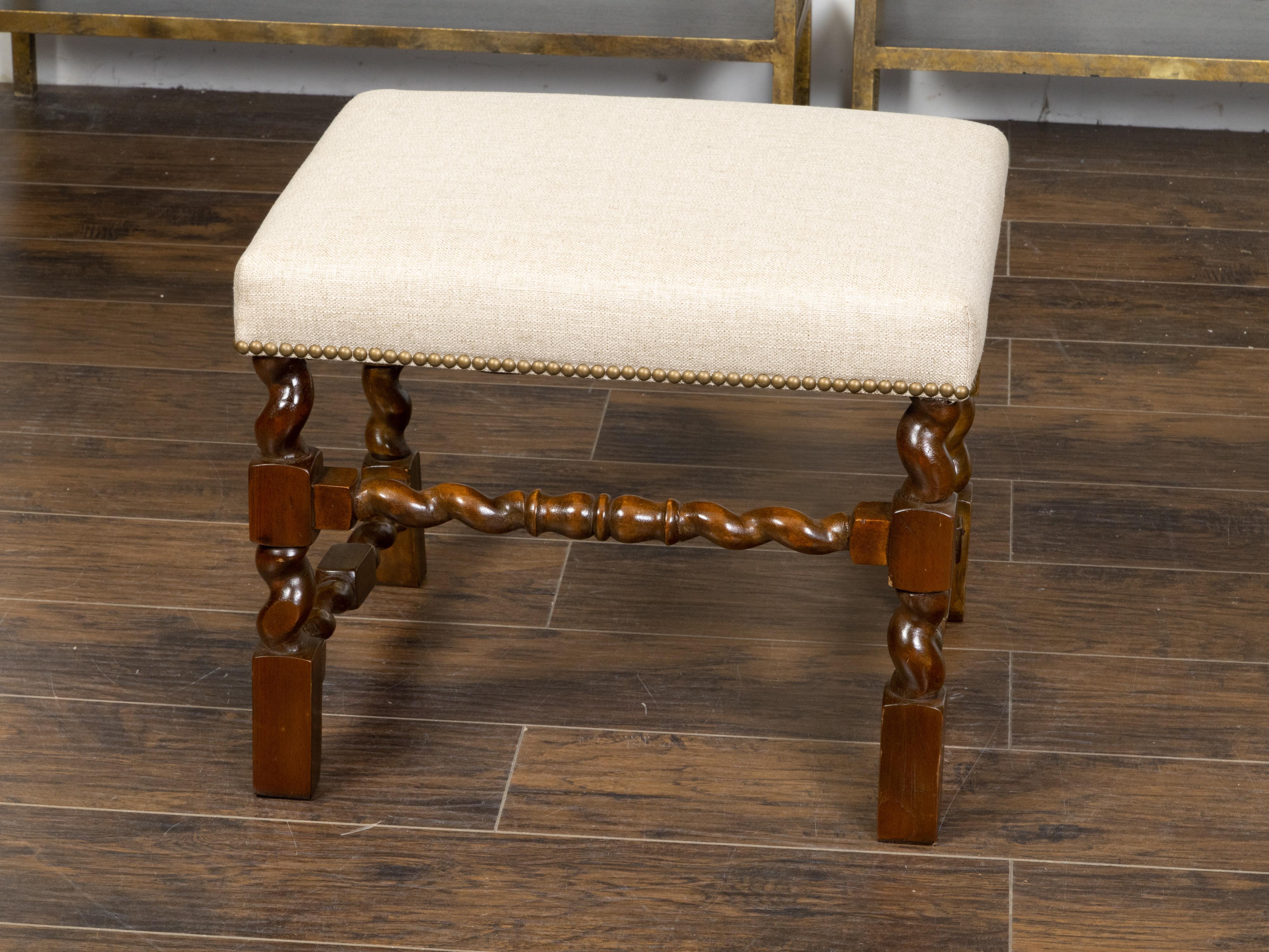 19th Century English Linen Upholstered Barley Twist Oak Stool Nailhead Trim For Sale 1