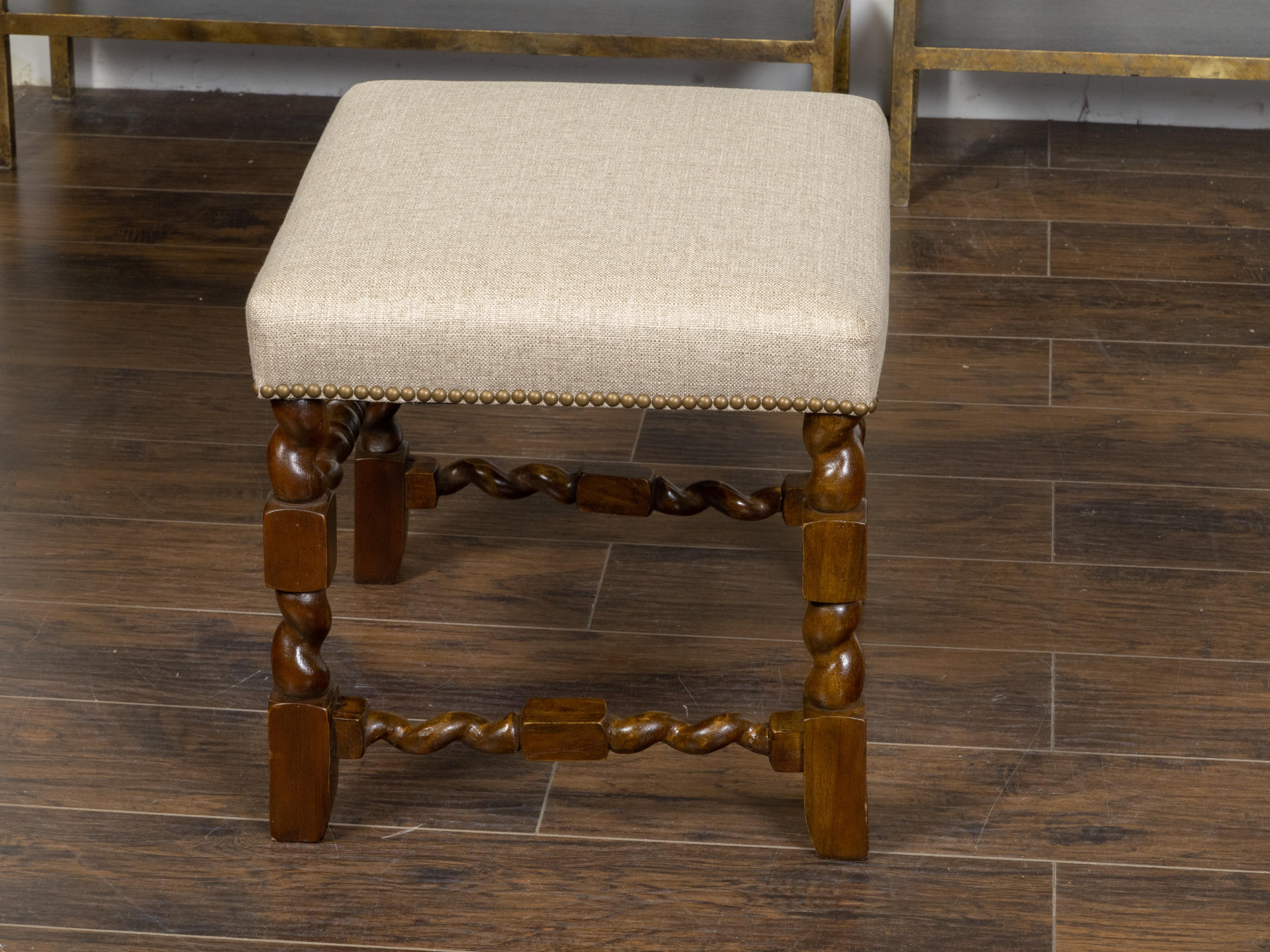 19th Century English Linen Upholstered Barley Twist Oak Stool Nailhead Trim For Sale 2