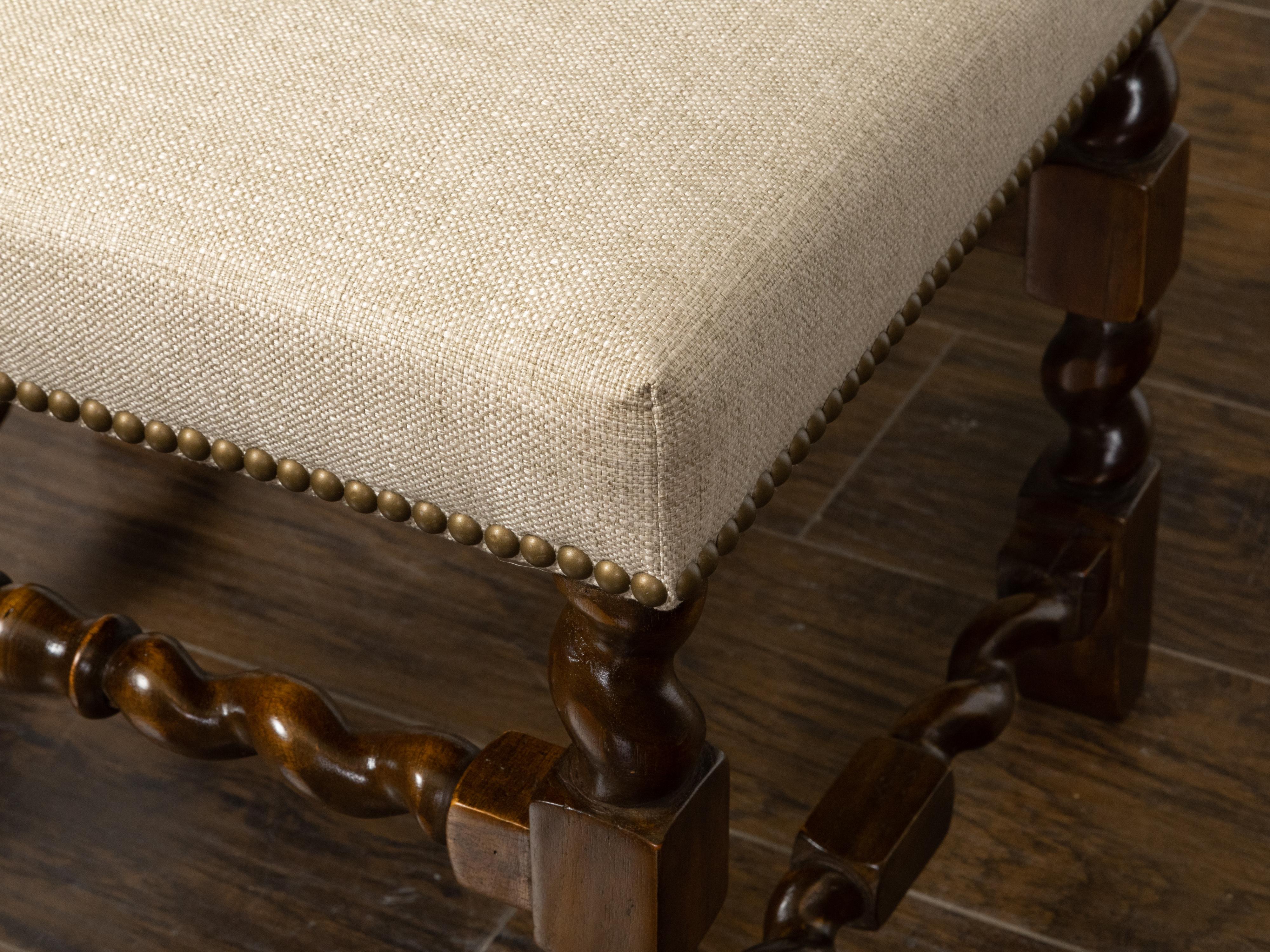 19th Century English Linen Upholstered Barley Twist Oak Stool Nailhead Trim For Sale 3