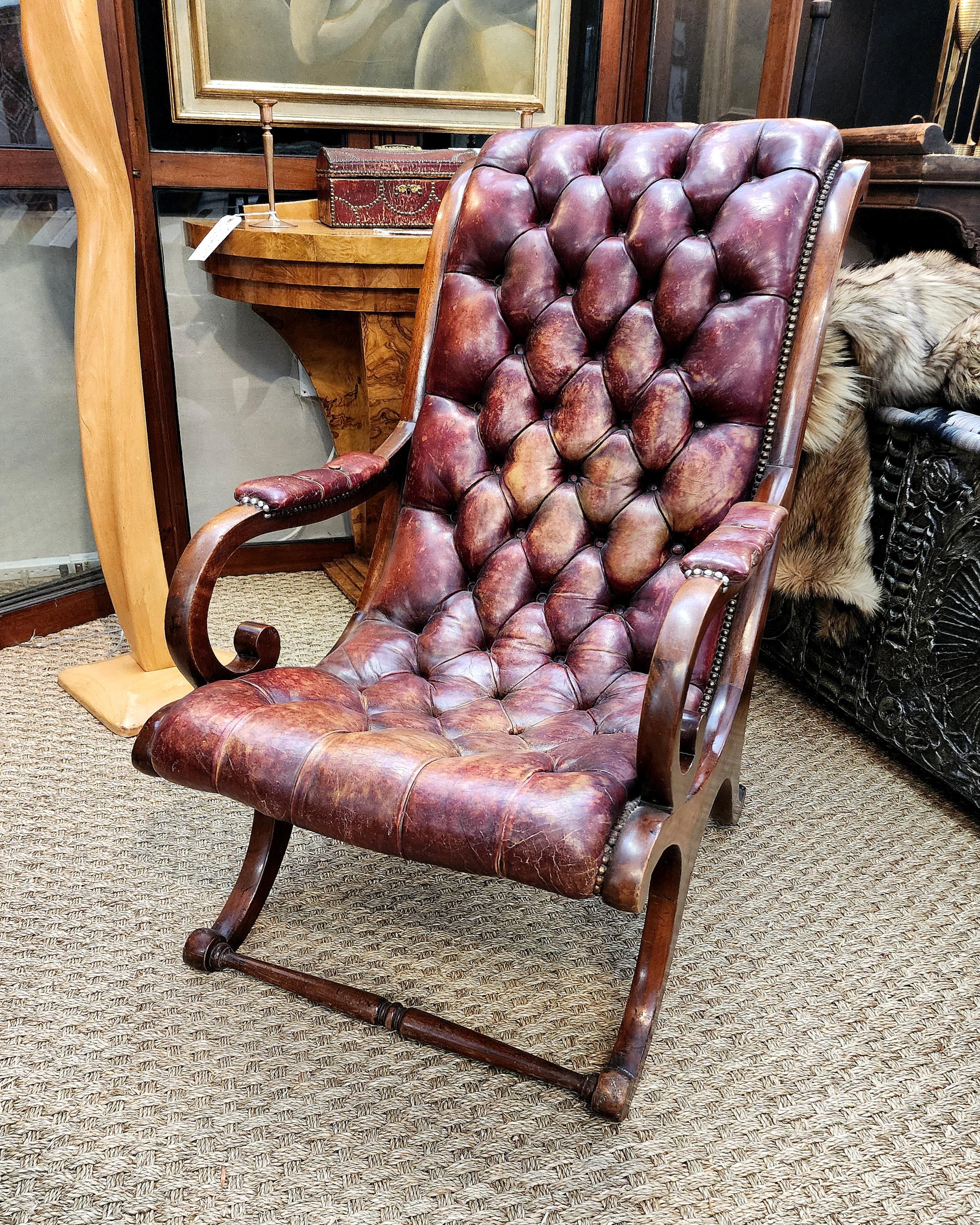 19th Century English Lolling Chair In Leather and Mahogany  13