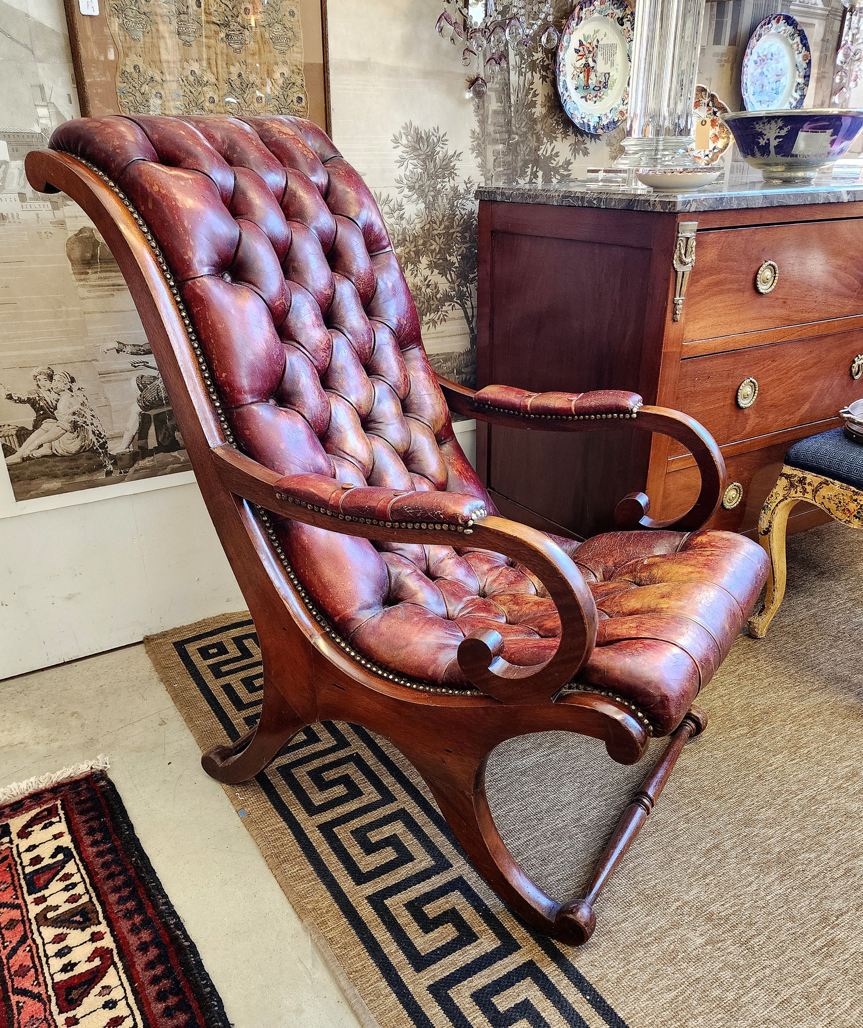 Edwardian 19th Century English Lolling Chair In Leather and Mahogany 