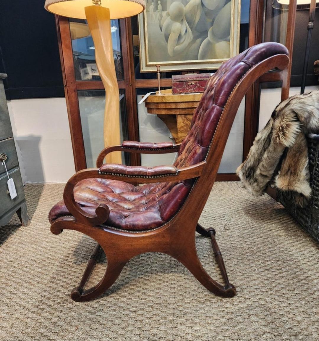 Hand-Crafted 19th Century English Lolling Chair In Leather and Mahogany  For Sale