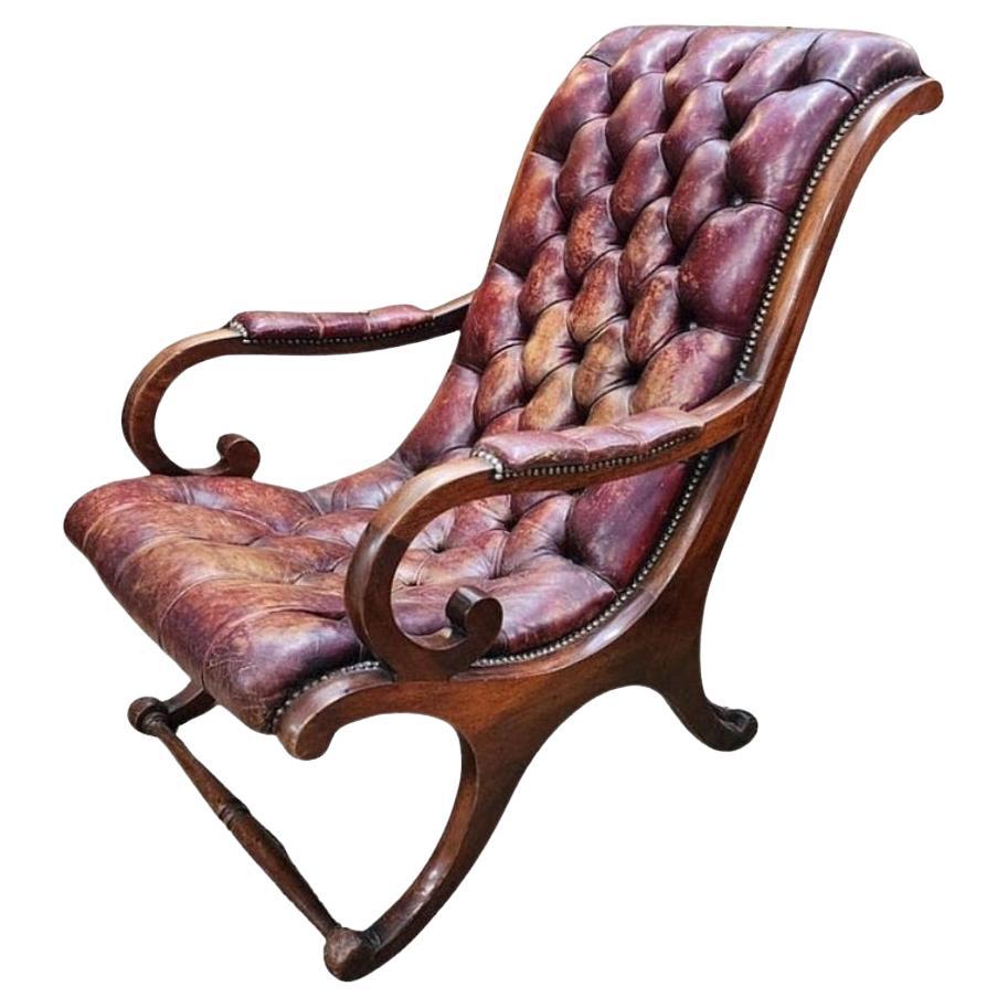 Chaise de relaxation anglaise du 19ème siècle en cuir et acajou 