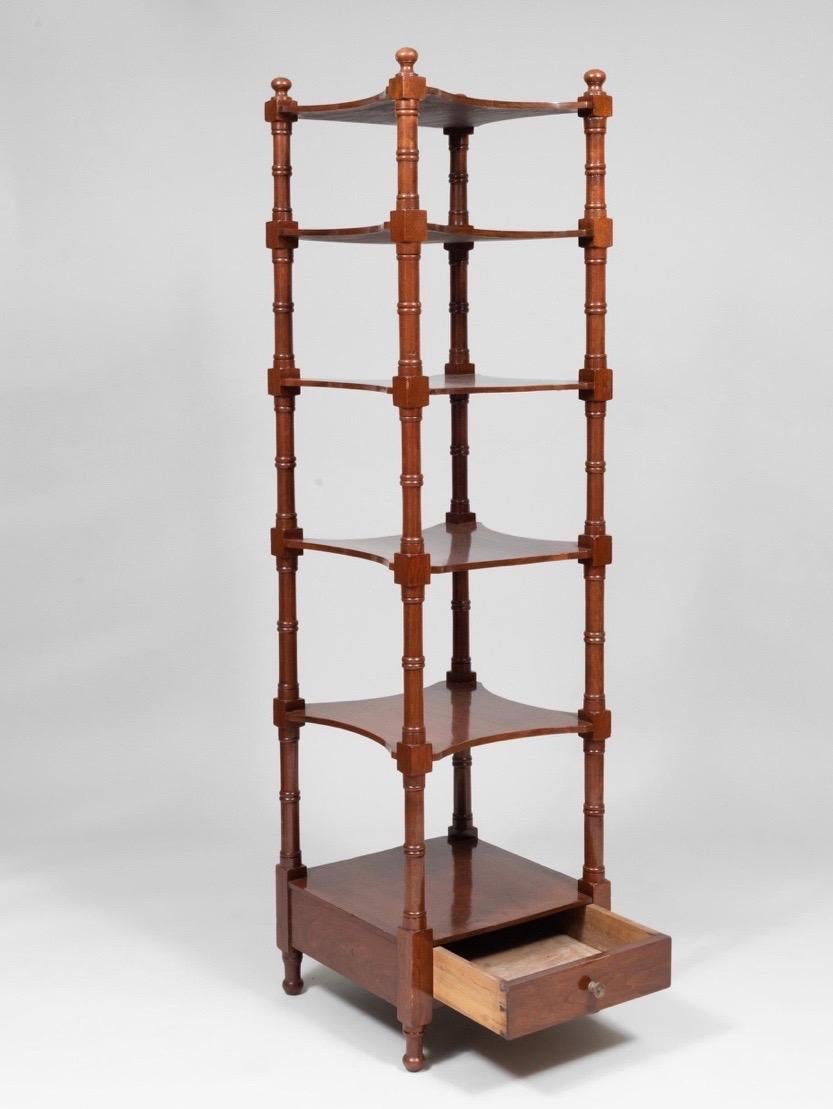 19th century English mahogany 6-tier étagère with drawer.