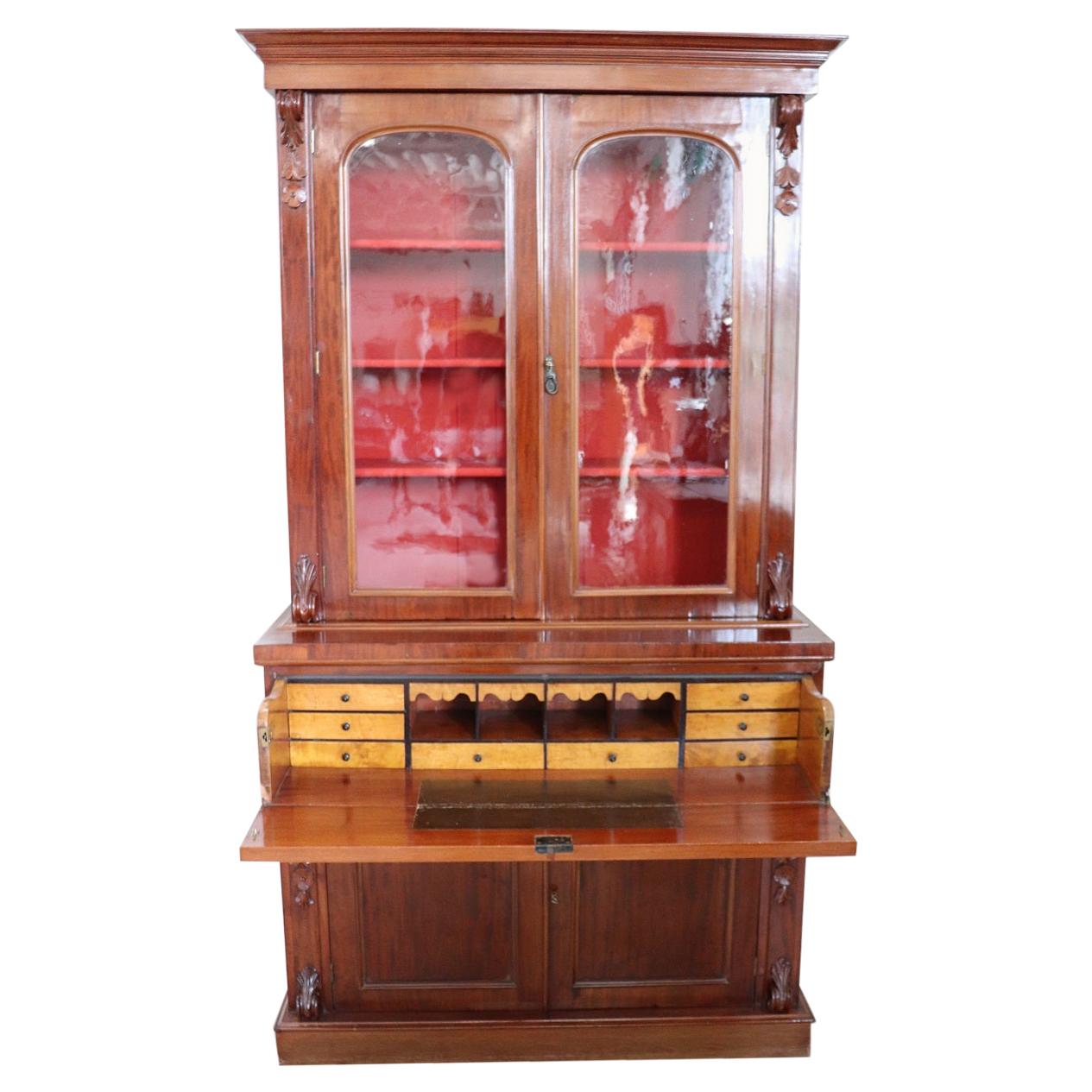 19th Century English Mahogany Antique Cabinet with Writing Desk