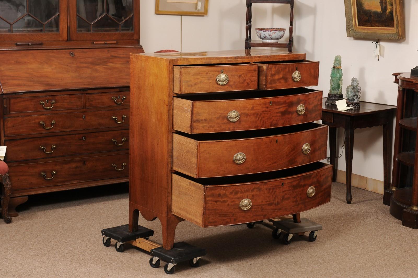 19th Century English Mahogany Bowfront Chest with String Inlay, 5 Drawers  For Sale 9