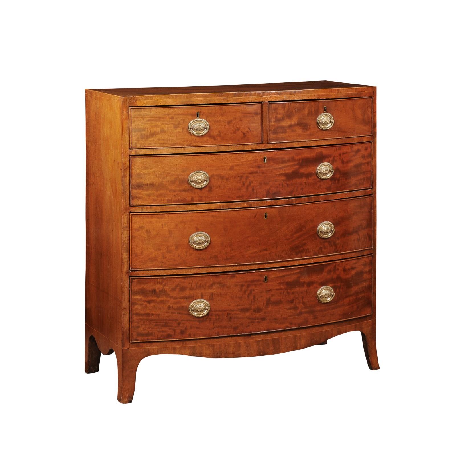 19th Century English Mahogany Bowfront Chest with String Inlay, 5 Drawers  For Sale 6