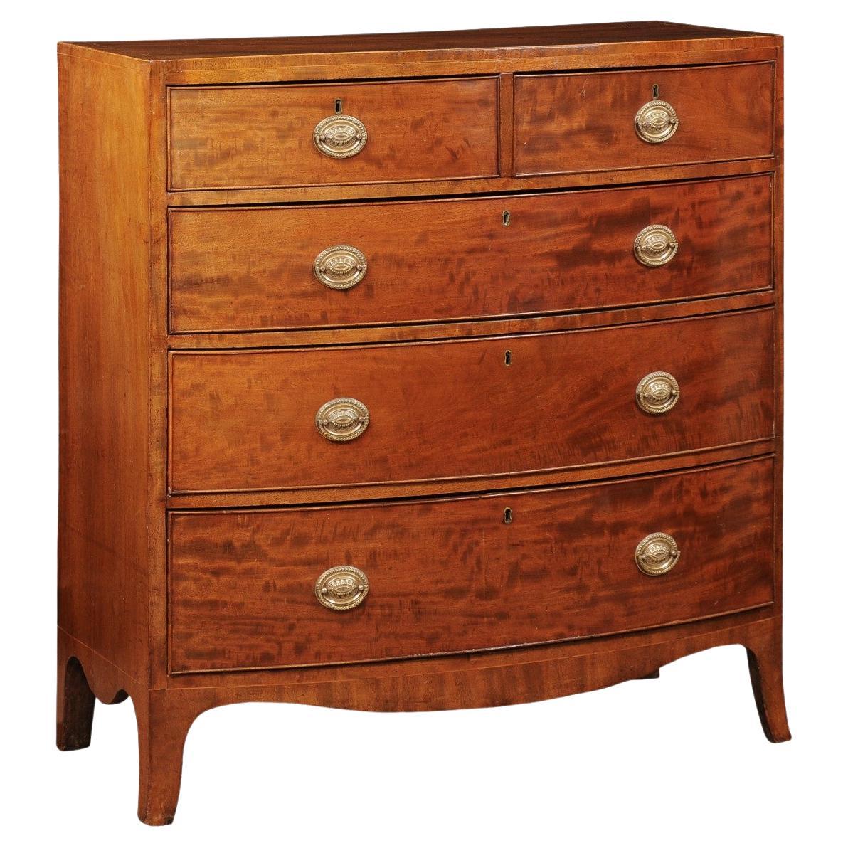 19th Century English Mahogany Bowfront Chest with String Inlay, 5 Drawers 