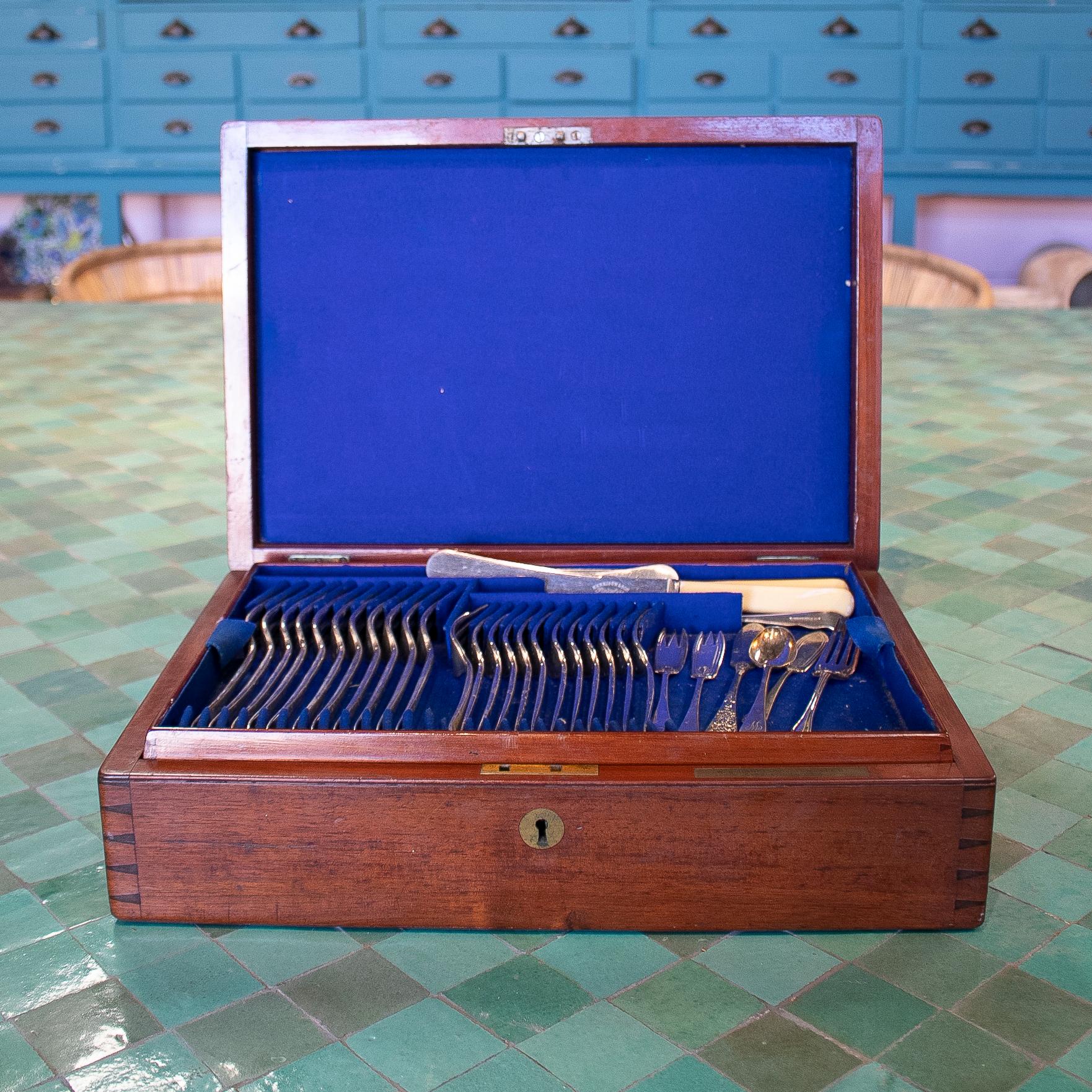 19th century English mahogany box cutlery set with initials and a bronze plaque reading: 