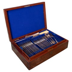 19th Century English Mahogany Box Cutlery Set W/ Initials & Bronze Plaque