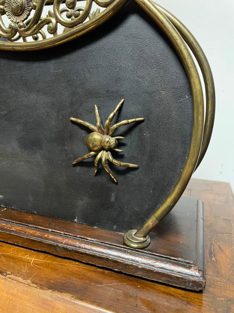 Fun and whimsical Victorian magazine rack black patinated sheet steel famed in brass with brass spider and flies attached. All mounted on a stepped mahogany base. A wooden handle held by brass arabesques with sunflower motifs. An extraordinary piece