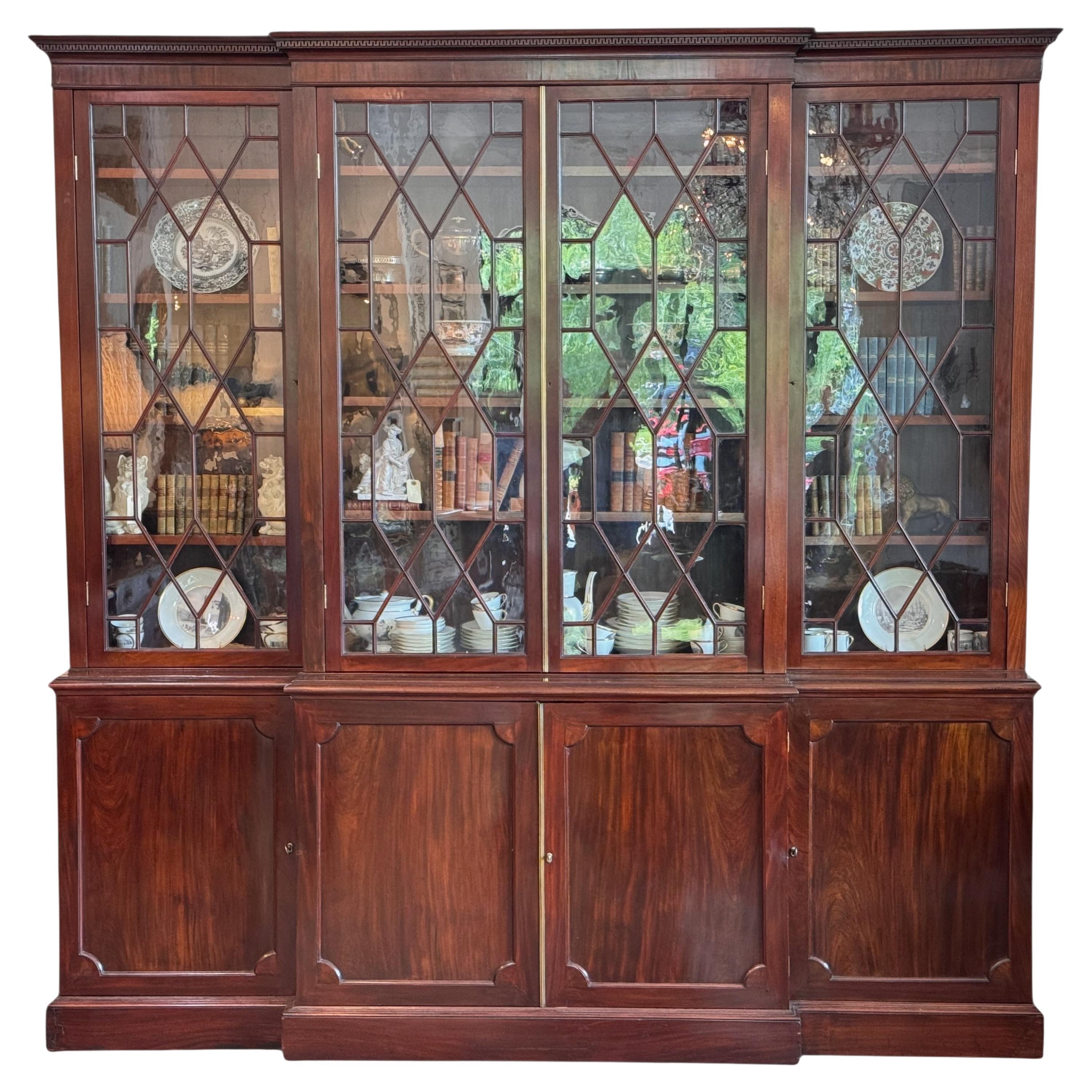19th Century English Mahogany Breakfront Bookcase Cabinet