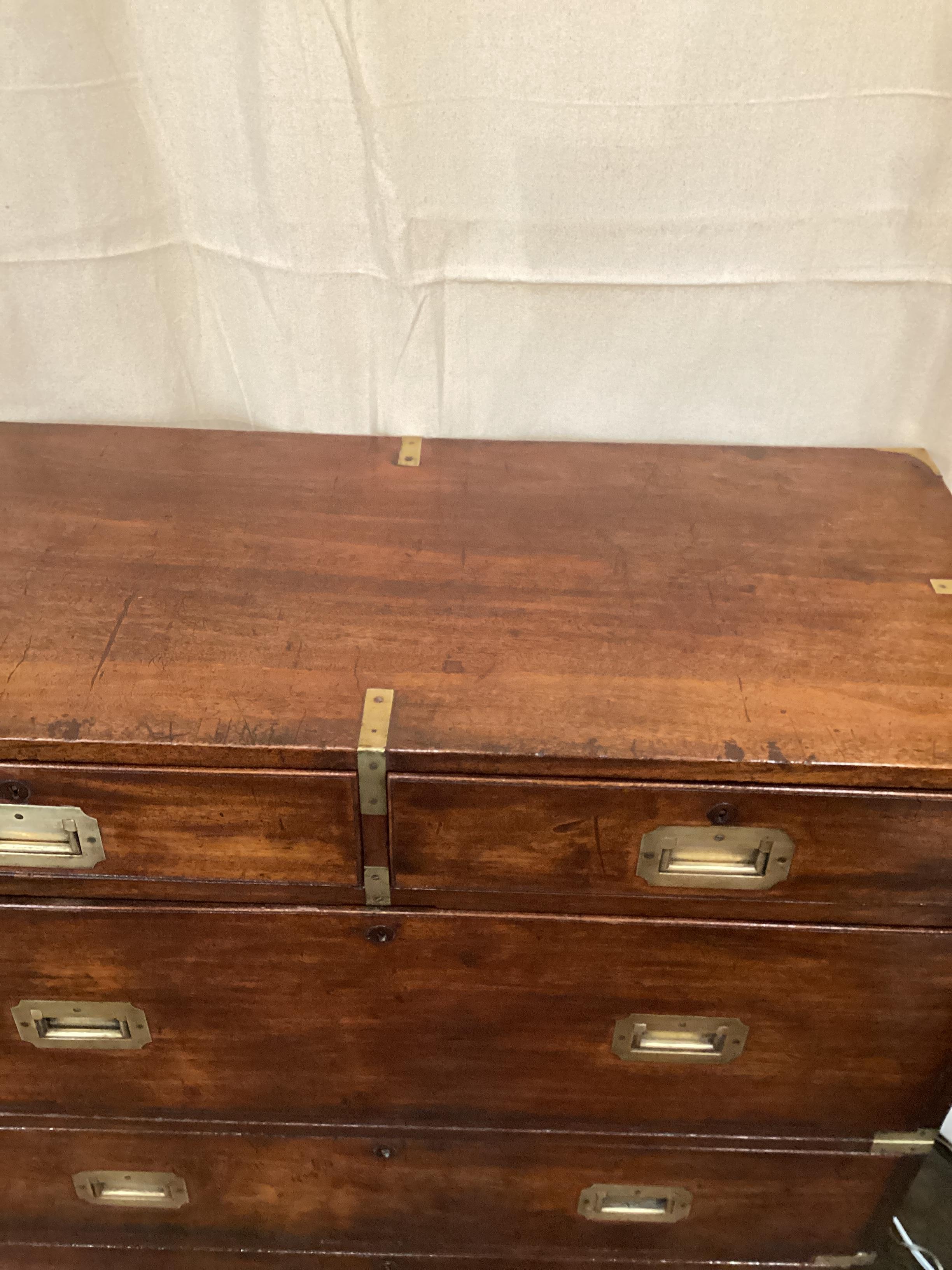 British Military Officers Mahogany 2 part Campaign Chest with brass mounting. These chests were commissioned by officers of the British Army during their various campaigns around the world and were constructed to each individual soldier’s own style.