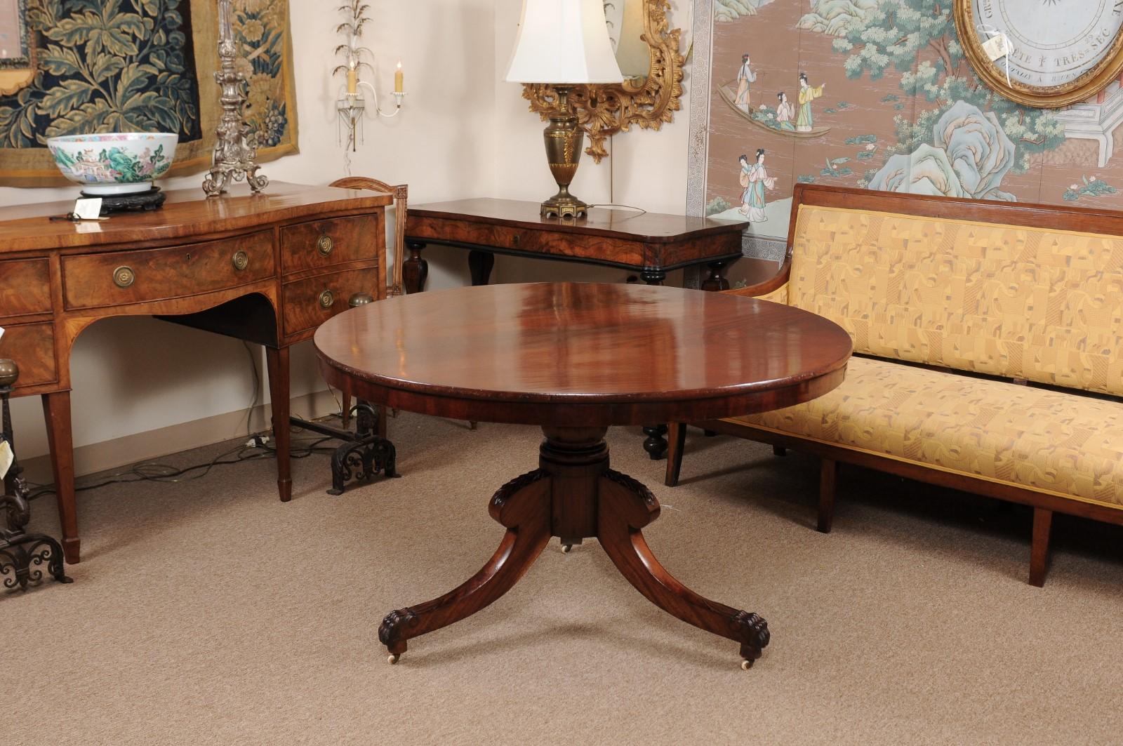 19th Century English Mahogany Center Table with Pedestal Base & 3 Splayed Legs  In Good Condition For Sale In Atlanta, GA