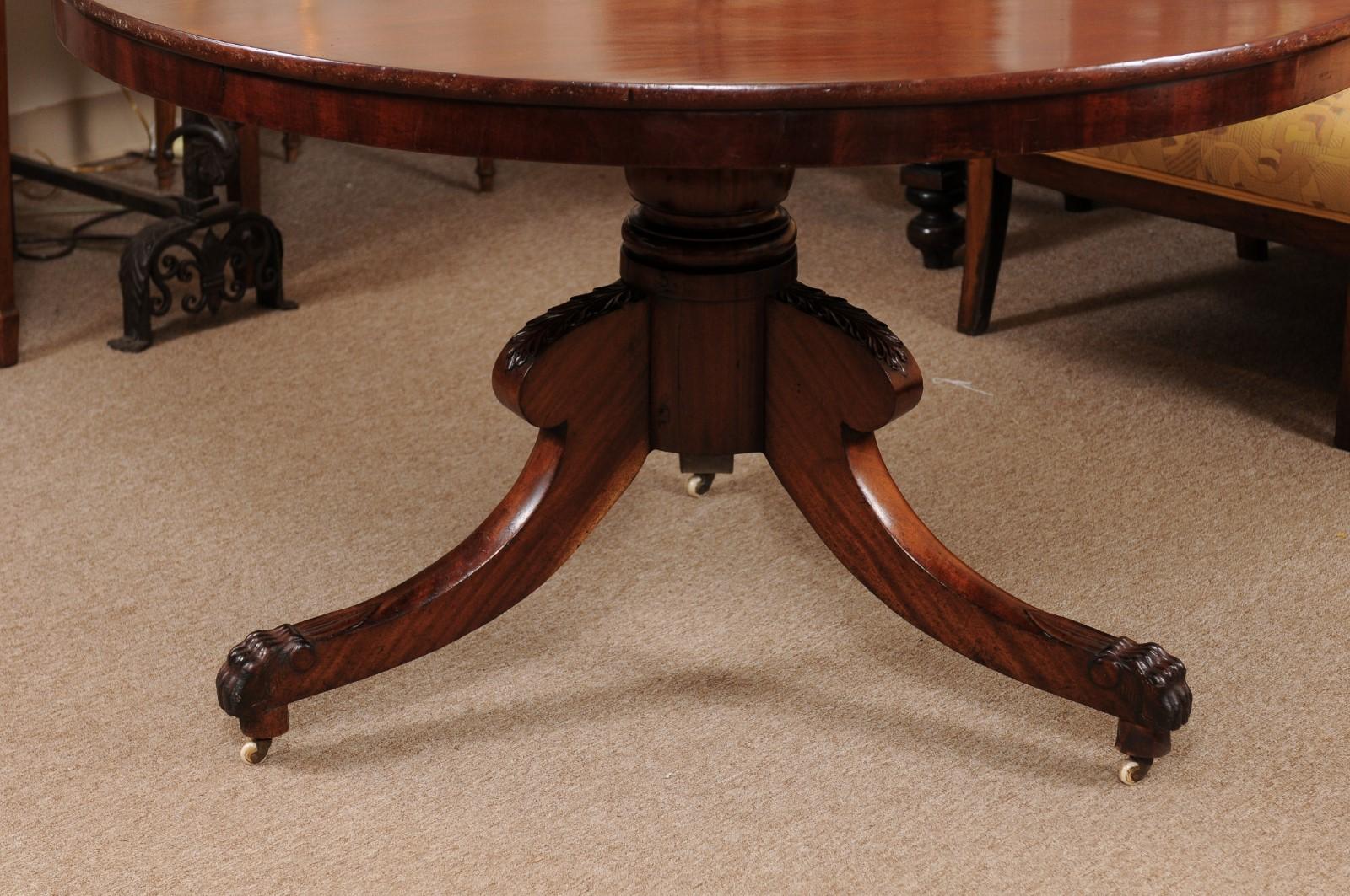 19th Century English Mahogany Center Table with Pedestal Base & 3 Splayed Legs  For Sale 1
