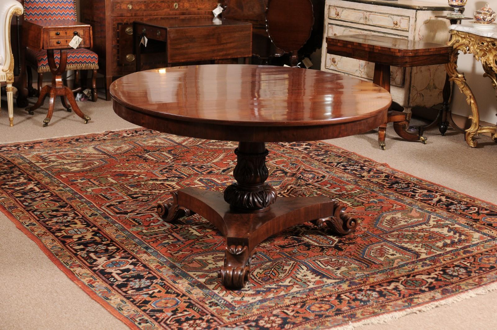  19th Century English Mahogany Center Table with Pedestal Base & Scroll Feet For Sale 8