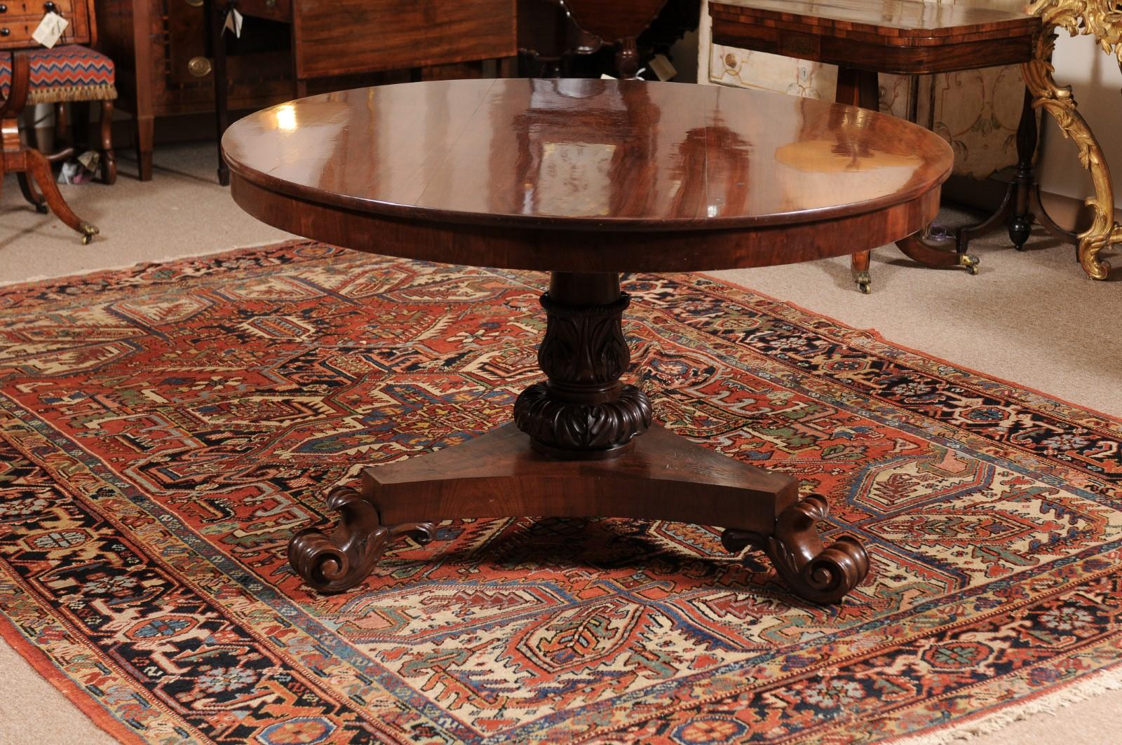 19th Century English Mahogany Center Table with Pedestal Base & Scroll Feet For Sale 9